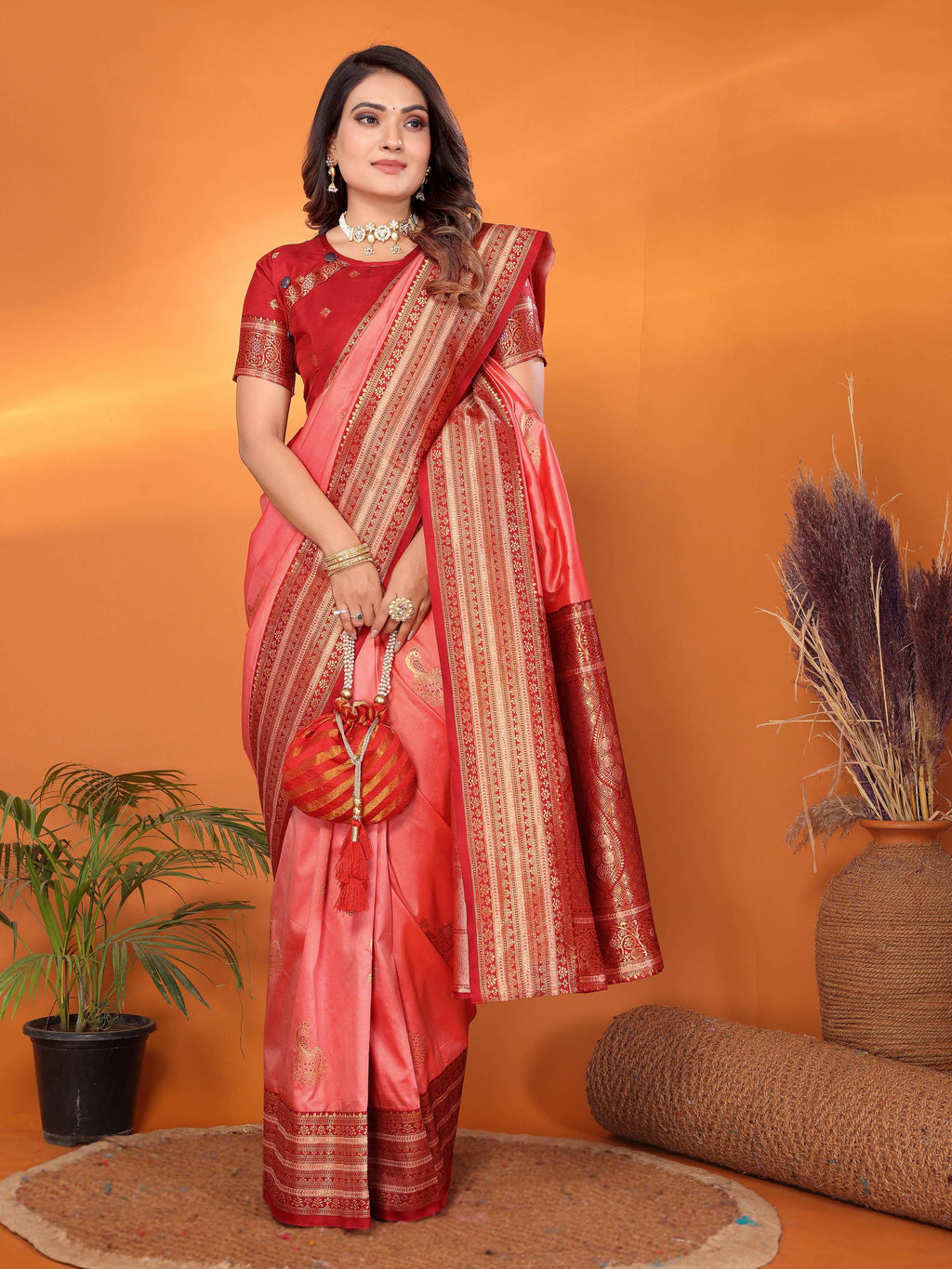 Sonakshi Women's Pink Banarasi Silk Zari Woven Traditional Saree with Blouse - Distacart