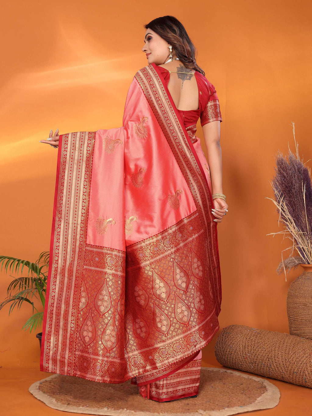 Sonakshi Women's Pink Banarasi Silk Zari Woven Traditional Saree with Blouse - Distacart