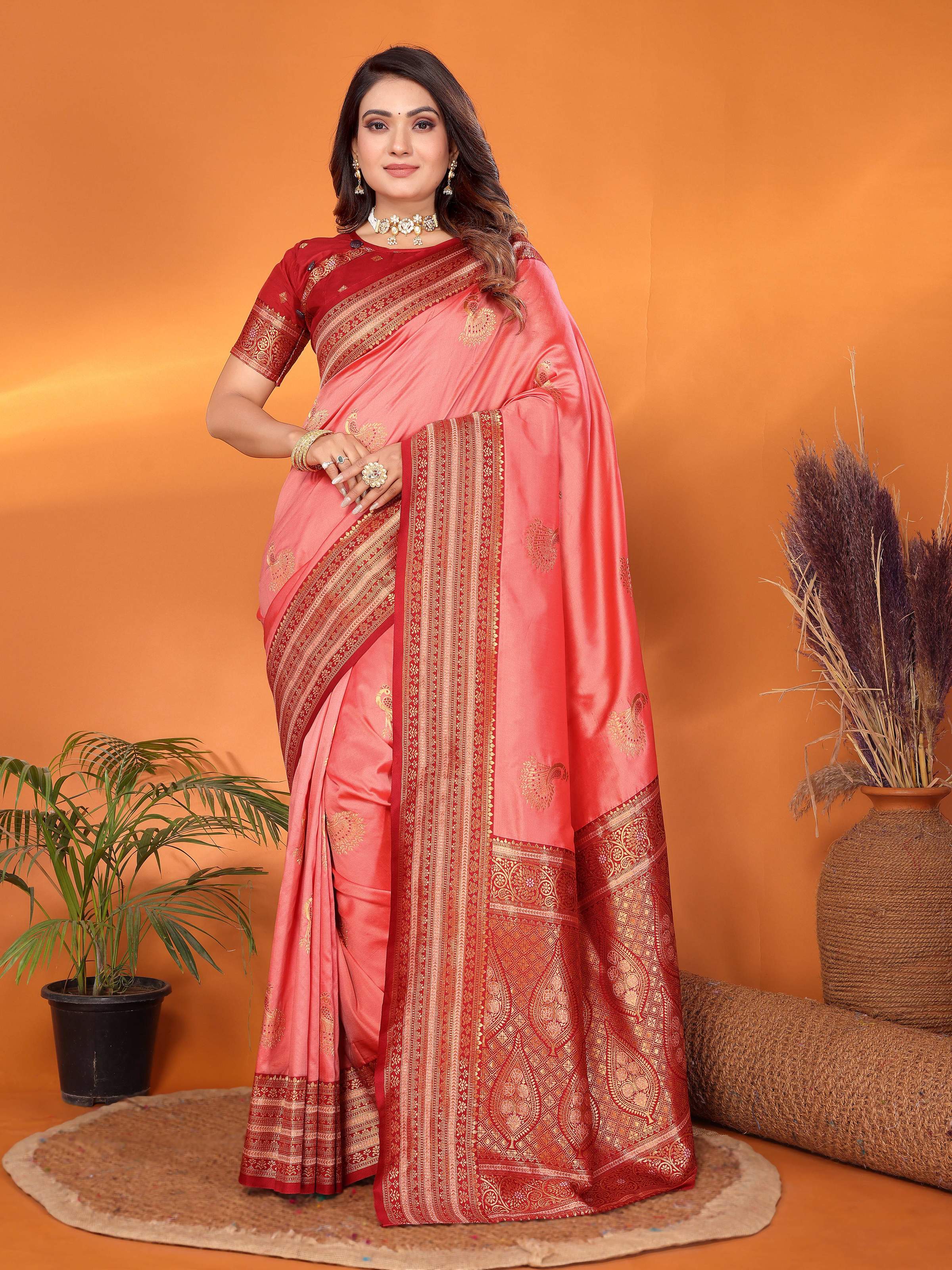 Sonakshi Women's Pink Banarasi Silk Zari Woven Traditional Saree with Blouse - Distacart