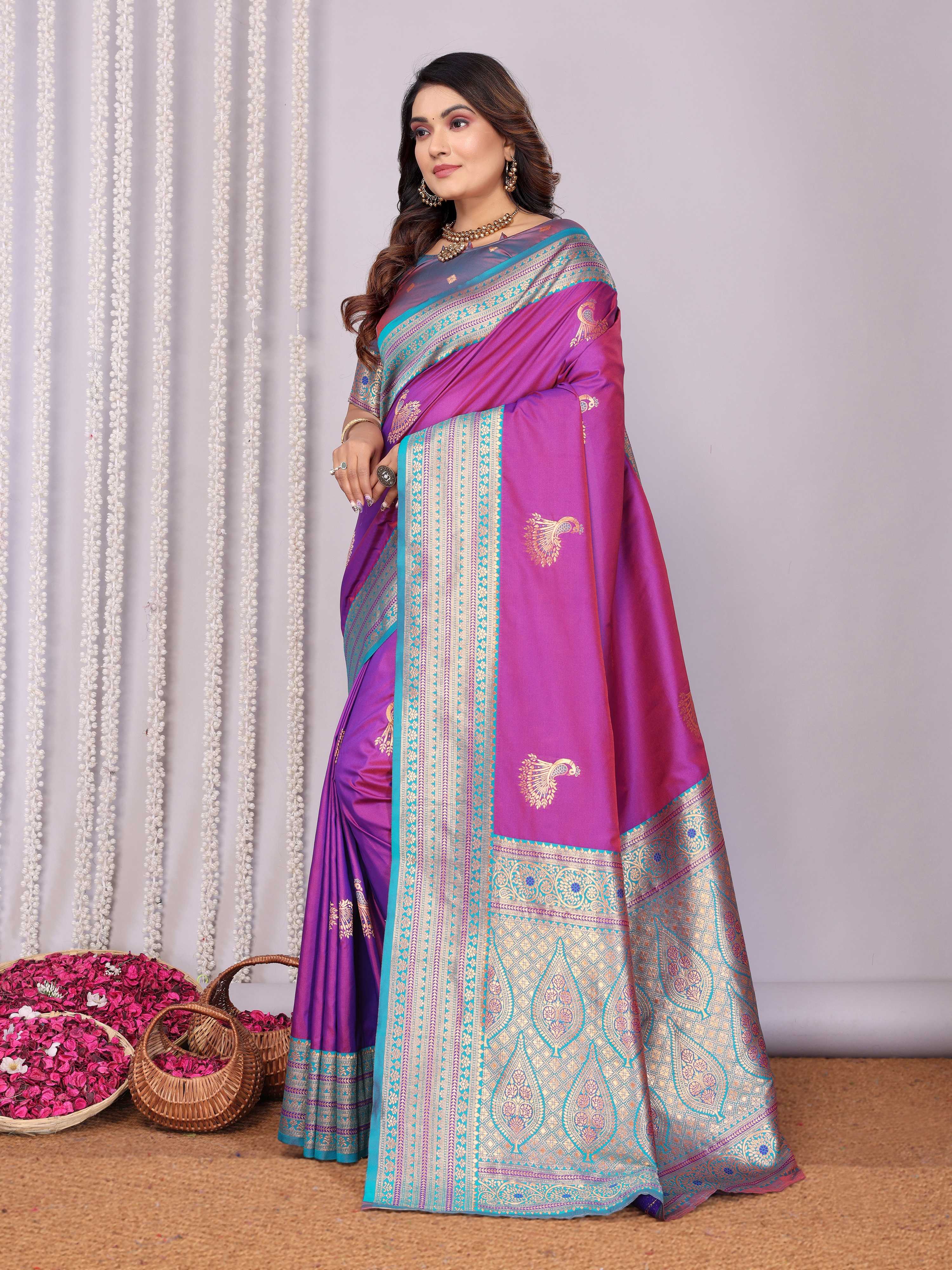 Sonakshi Women's Lavender Banarasi Silk Zari Woven Traditional Saree with Blouse - Distacart