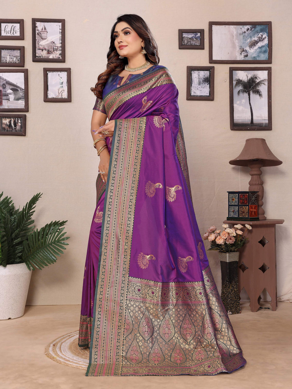 Sonakshi Women's Purple Banarasi Silk Zari Woven Traditional Saree with Blouse - Distacart