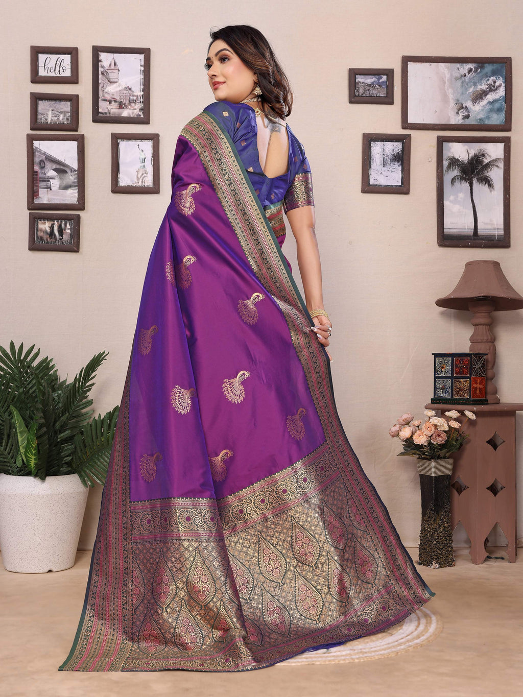 Sonakshi Women's Purple Banarasi Silk Zari Woven Traditional Saree with Blouse - Distacart