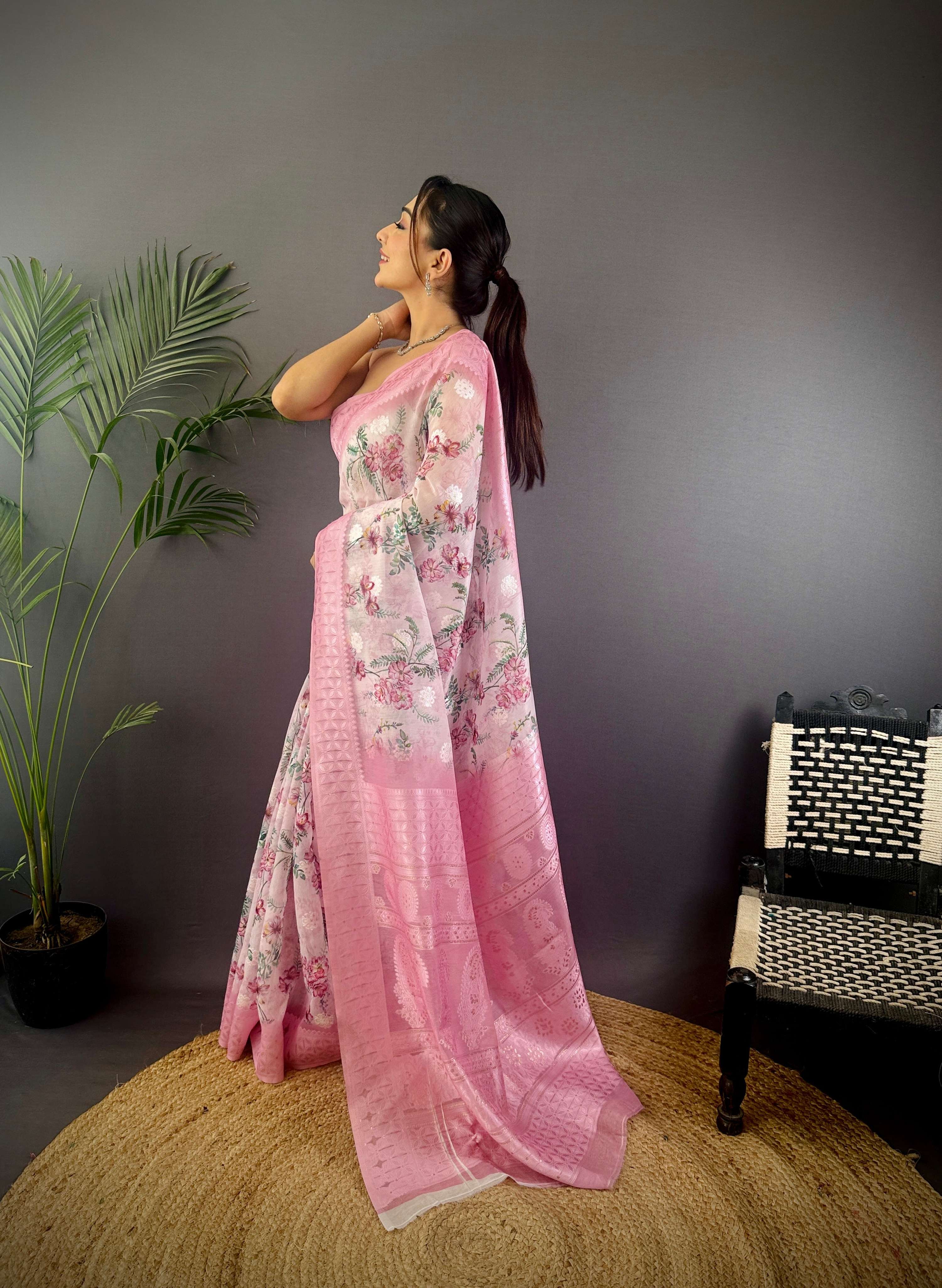 Sonakshi Women's Pink Blend Silk Jacquard Woven Traditional Saree with Blouse - Distacart