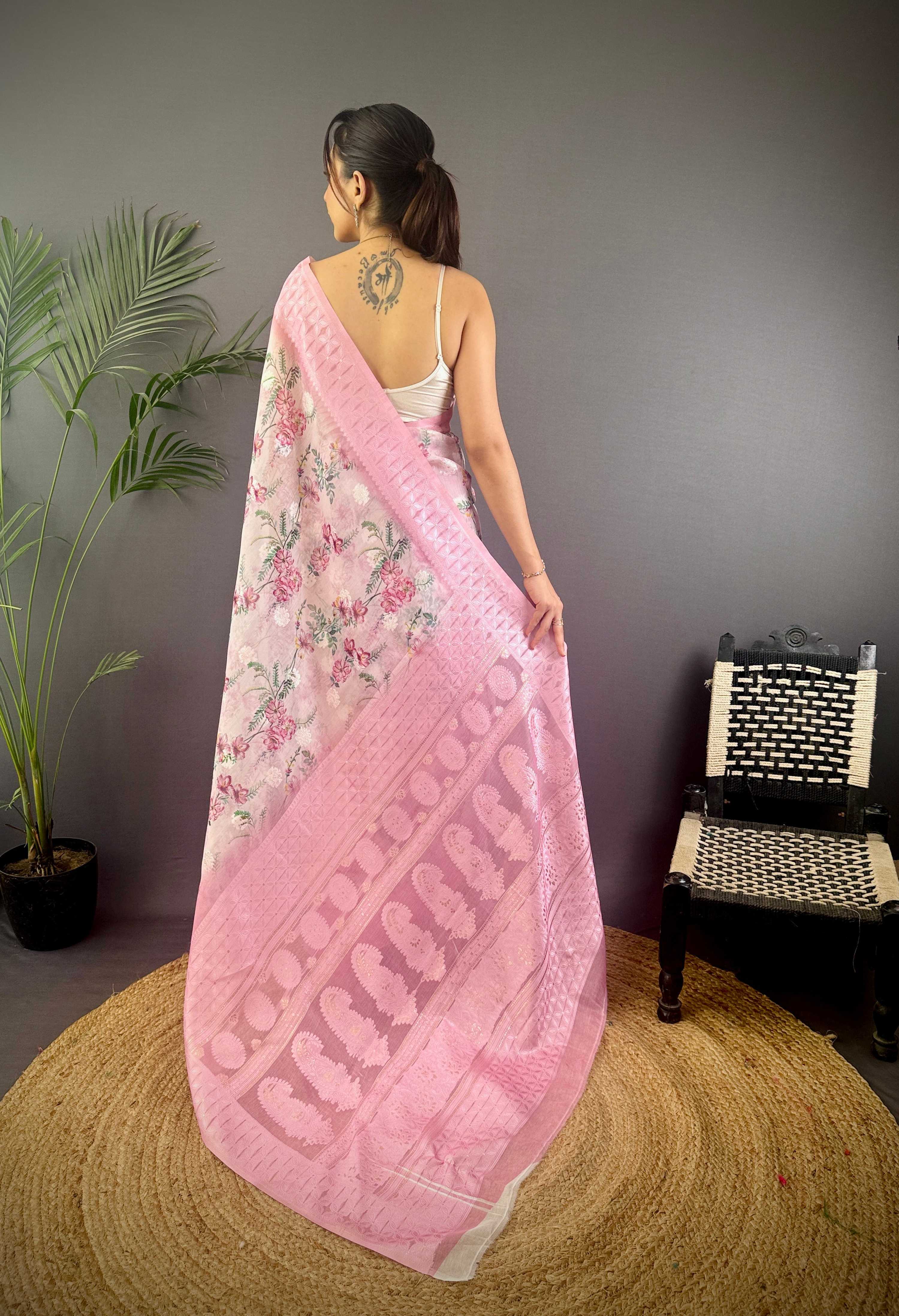Sonakshi Women's Pink Blend Silk Jacquard Woven Traditional Saree with Blouse - Distacart