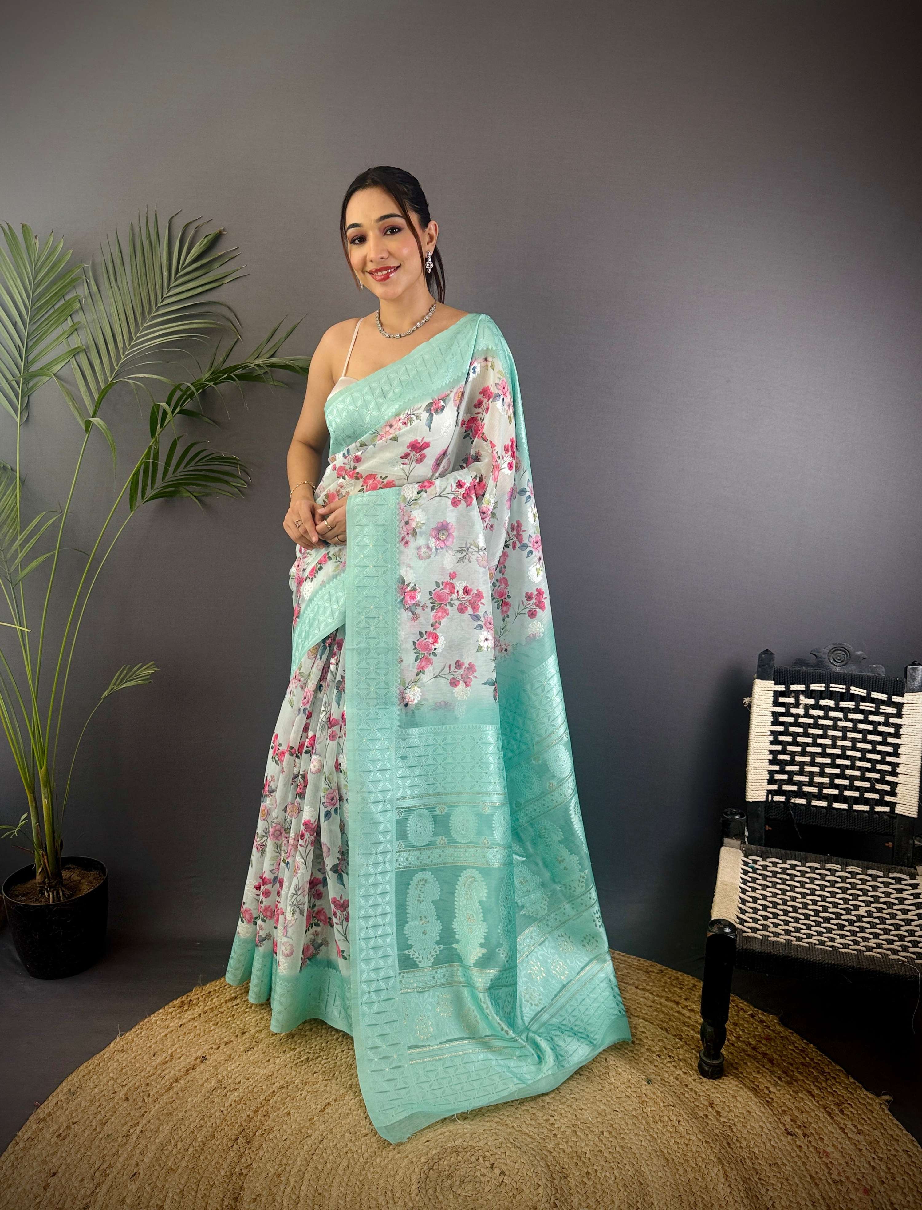 Sonakshi Women's Seagreen Blend Silk Jacquard Woven Traditional Saree with Blouse - Distacart