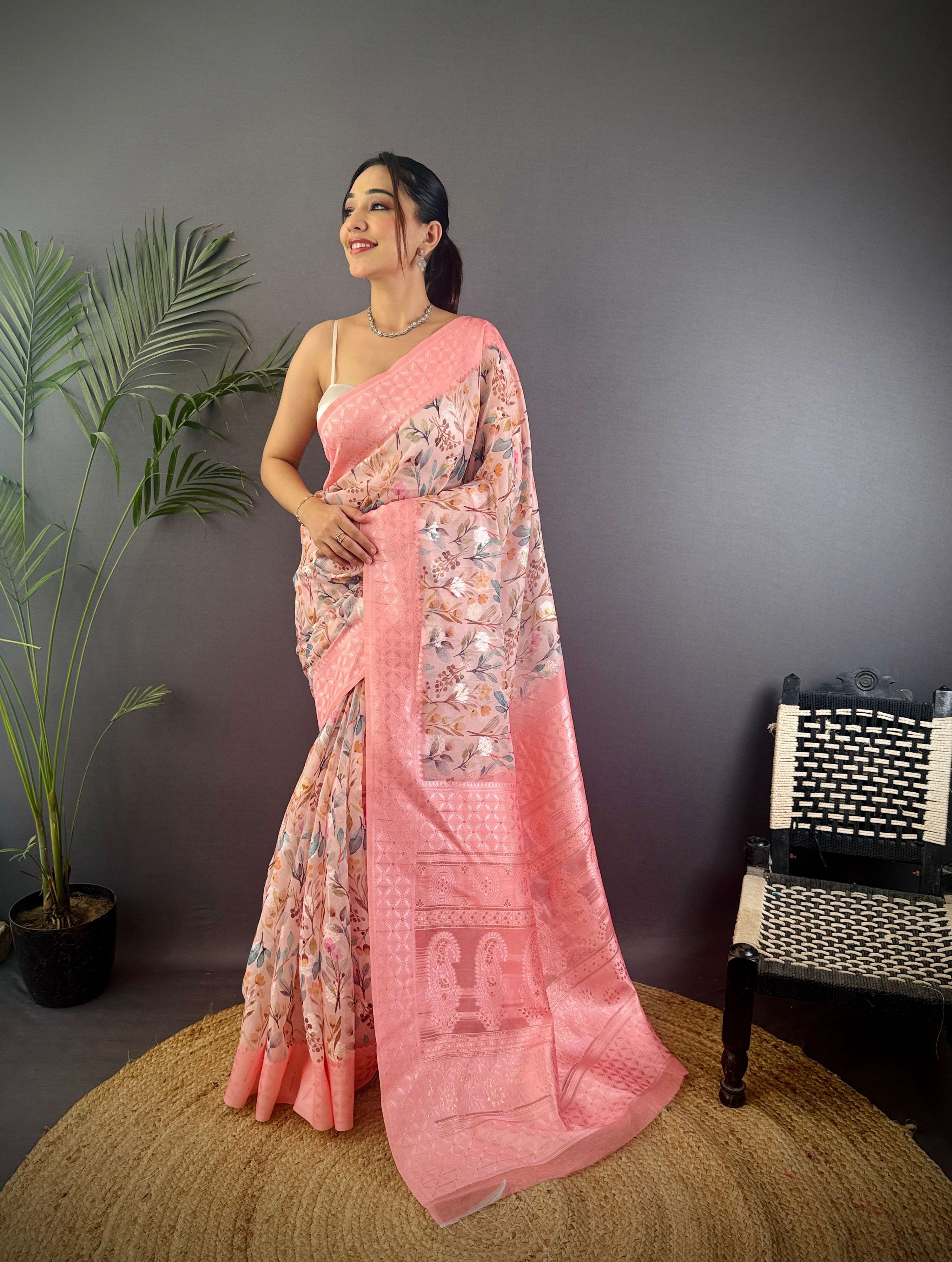 Sonakshi Women's Peach Blend Silk Jacquard Woven Traditional Saree with Blouse - Distacart
