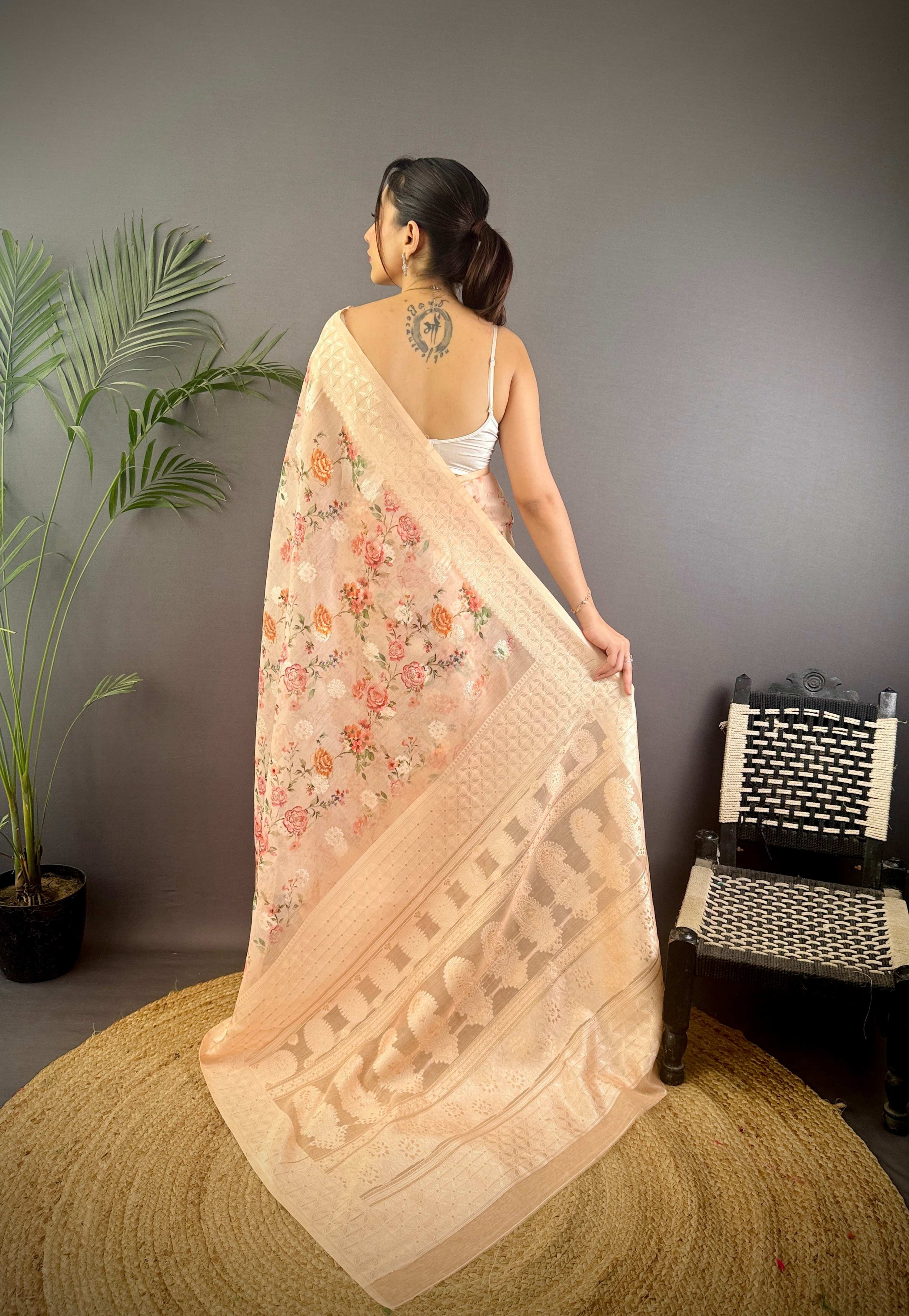 Sonakshi Women's Beige Blend Silk Jacquard Woven Traditional Saree with Blouse - Distacart