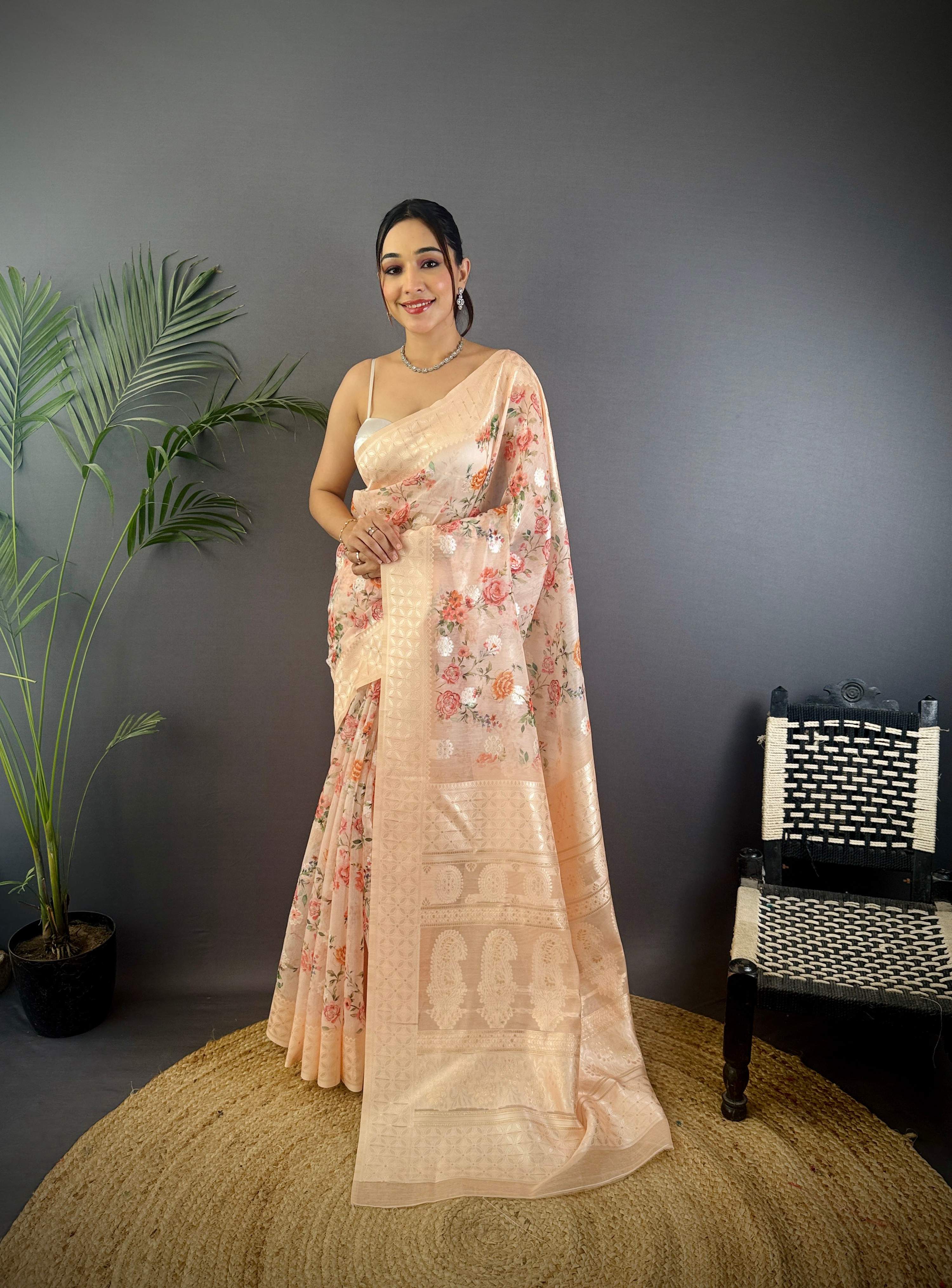 Sonakshi Women's Beige Blend Silk Jacquard Woven Traditional Saree with Blouse - Distacart