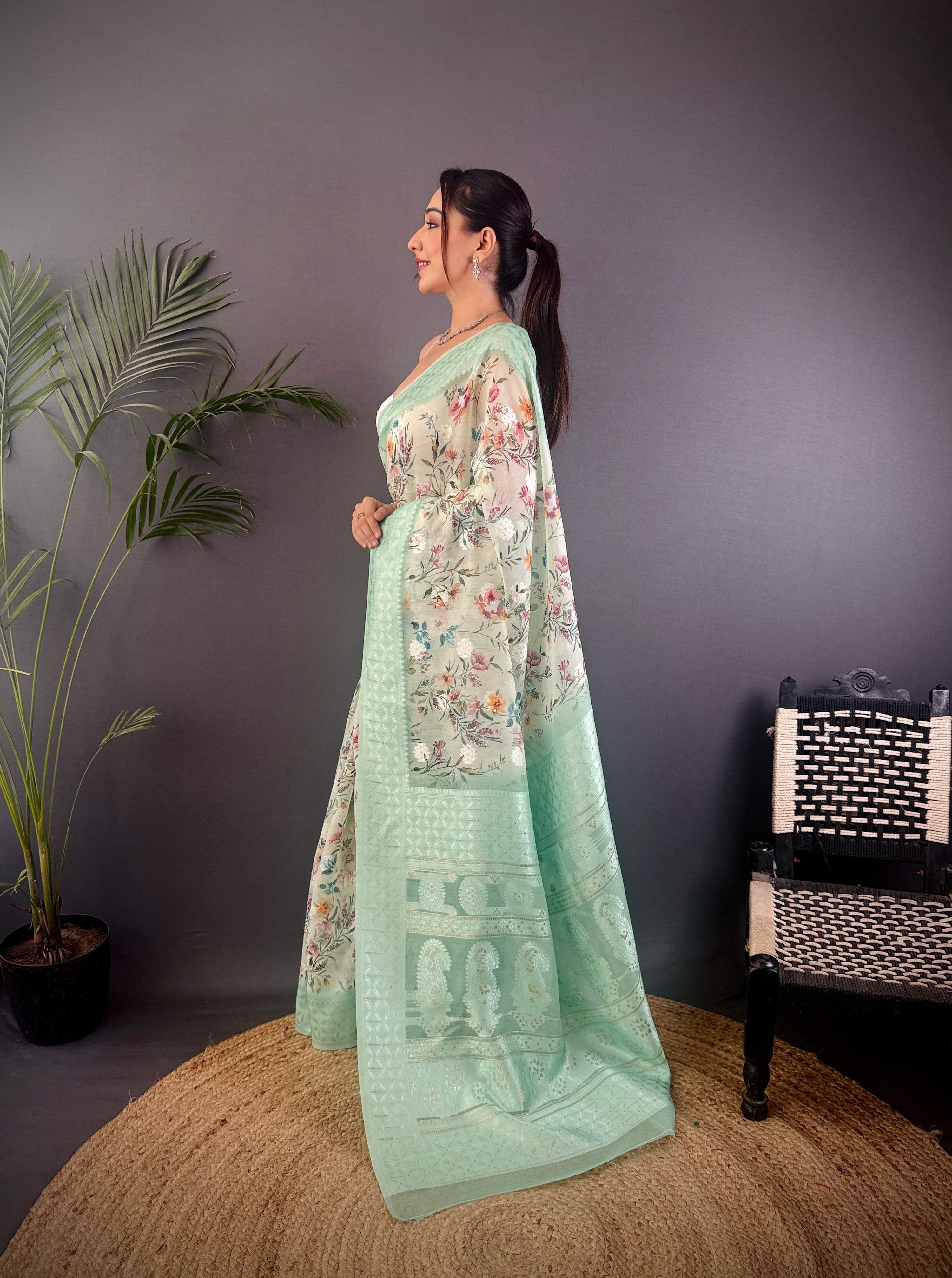 Sonakshi Women's Sky Blend Silk Jacquard Woven Traditional Saree with Blouse - Distacart