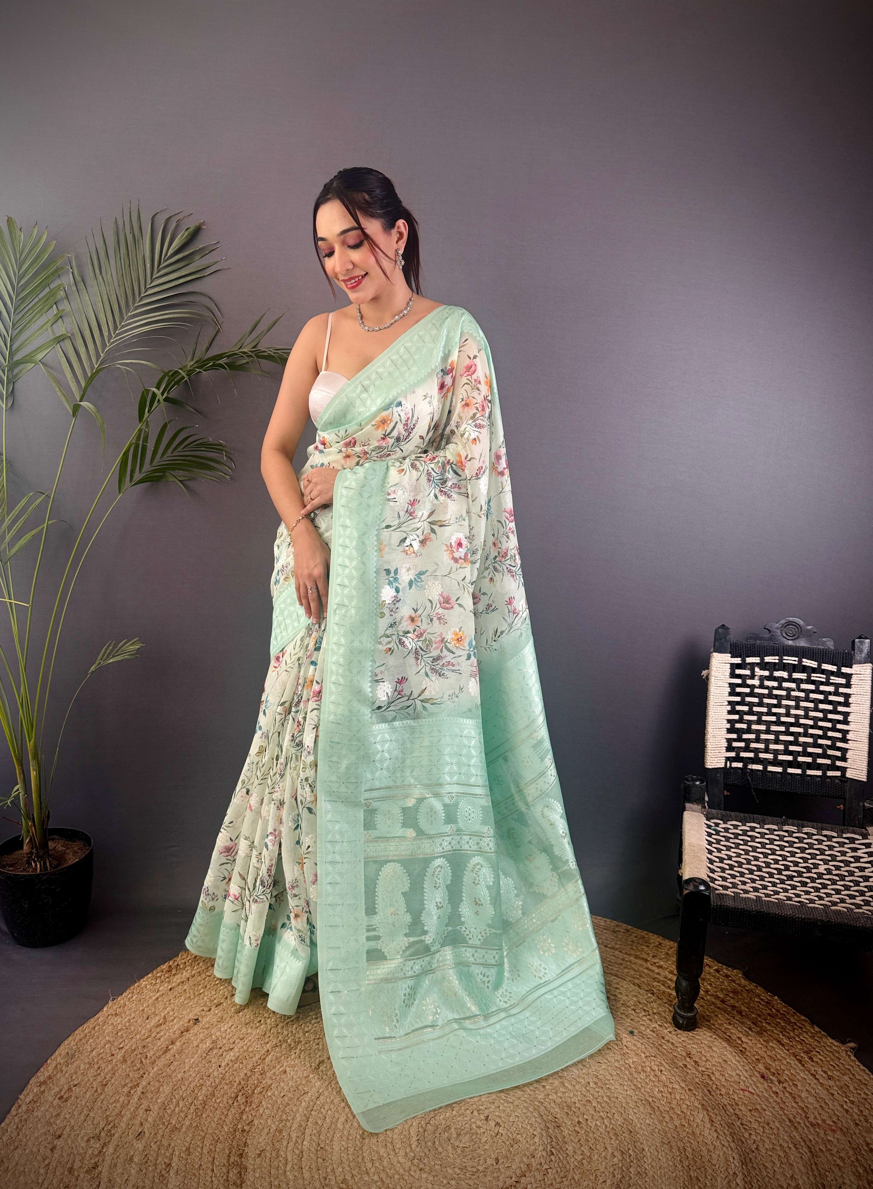 Sonakshi Women's Sky Blend Silk Jacquard Woven Traditional Saree with Blouse - Distacart