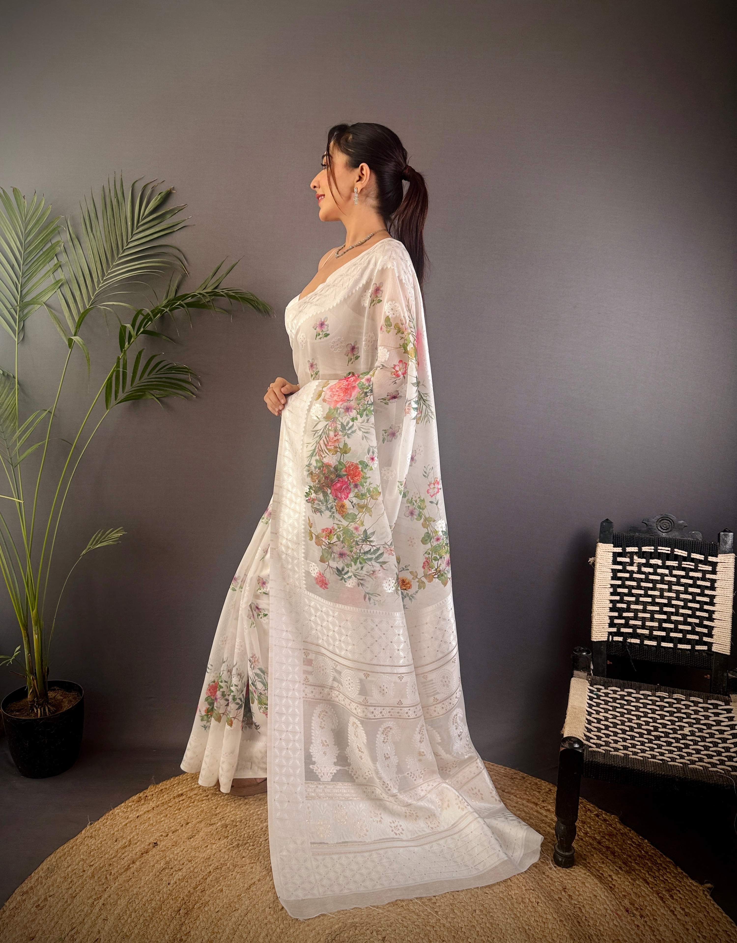 Sonakshi Women's White Blend Silk Jacquard Woven Traditional Saree with Blouse - Distacart