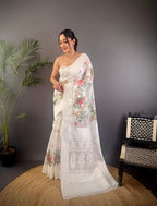 Sonakshi Women's White Blend Silk Jacquard Woven Traditional Saree with Blouse - Distacart