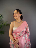 Sonakshi Women's Pink Blend Silk Jacquard Woven Traditional Saree with Blouse - Distacart
