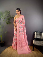 Sonakshi Women's Pink Blend Silk Jacquard Woven Traditional Saree with Blouse - Distacart