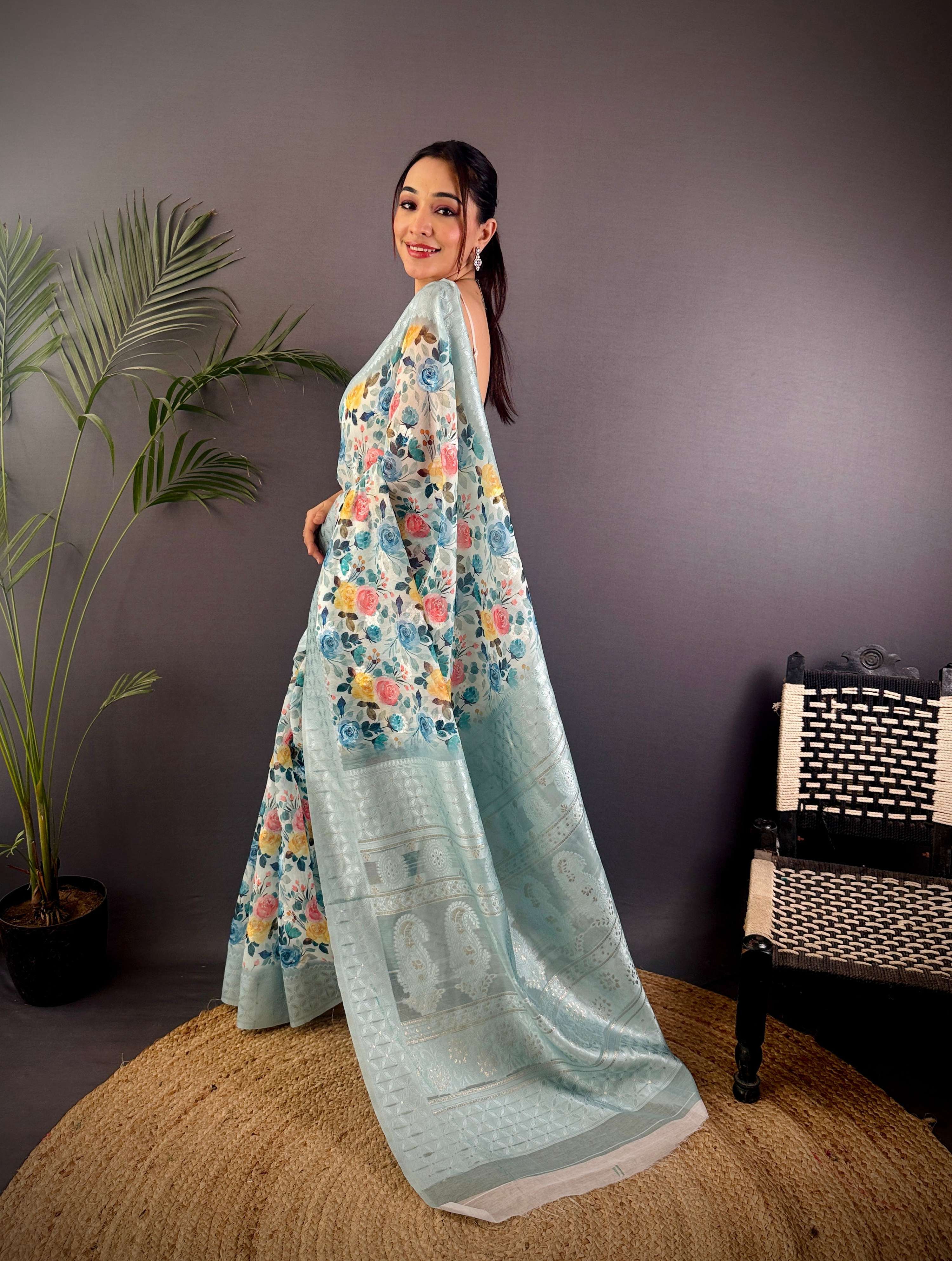 Sonakshi Women's Sky Blend Silk Jacquard Woven Traditional Saree with Blouse - Distacart