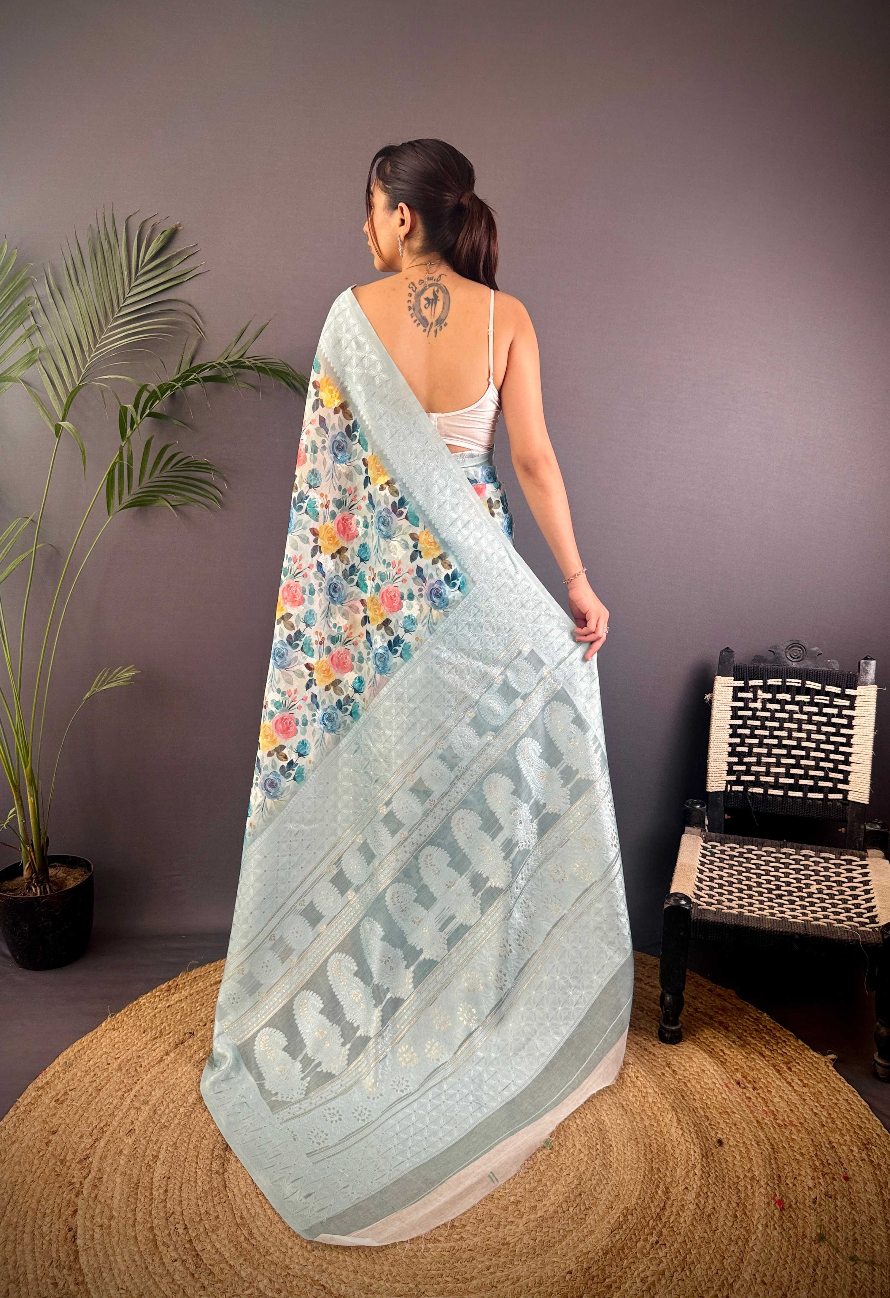 Sonakshi Women's Sky Blend Silk Jacquard Woven Traditional Saree with Blouse - Distacart