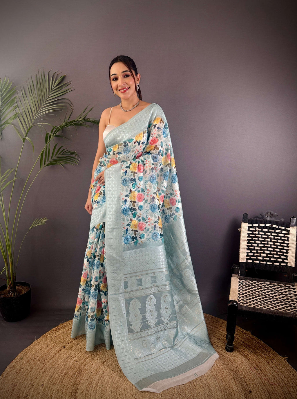 Sonakshi Women's Sky Blend Silk Jacquard Woven Traditional Saree with Blouse - Distacart