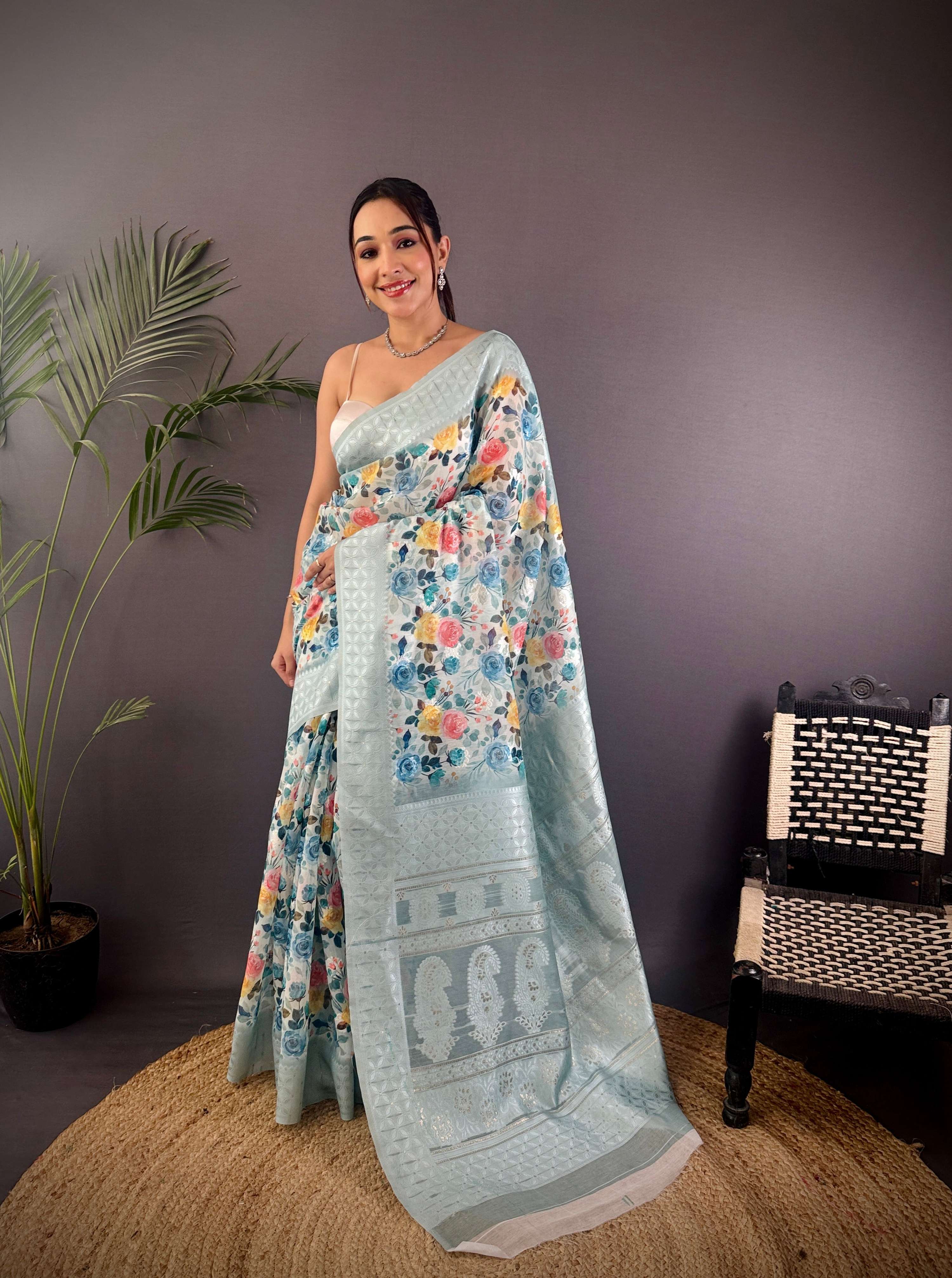 Sonakshi Women's Sky Blend Silk Jacquard Woven Traditional Saree with Blouse - Distacart