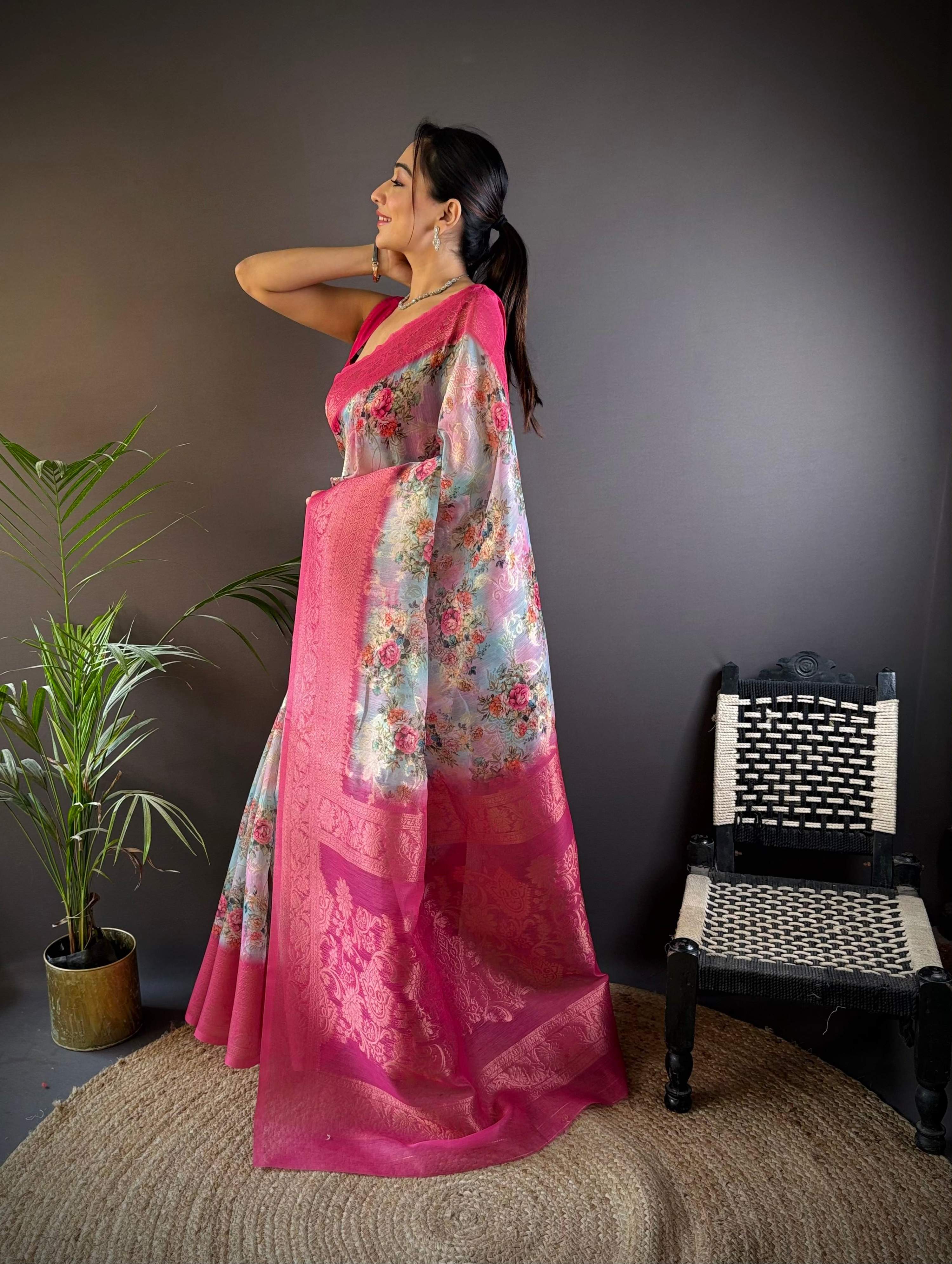 Sonakshi Women's Rani Blend Silk Jacquard Woven Traditional Saree with Blouse - Distacart