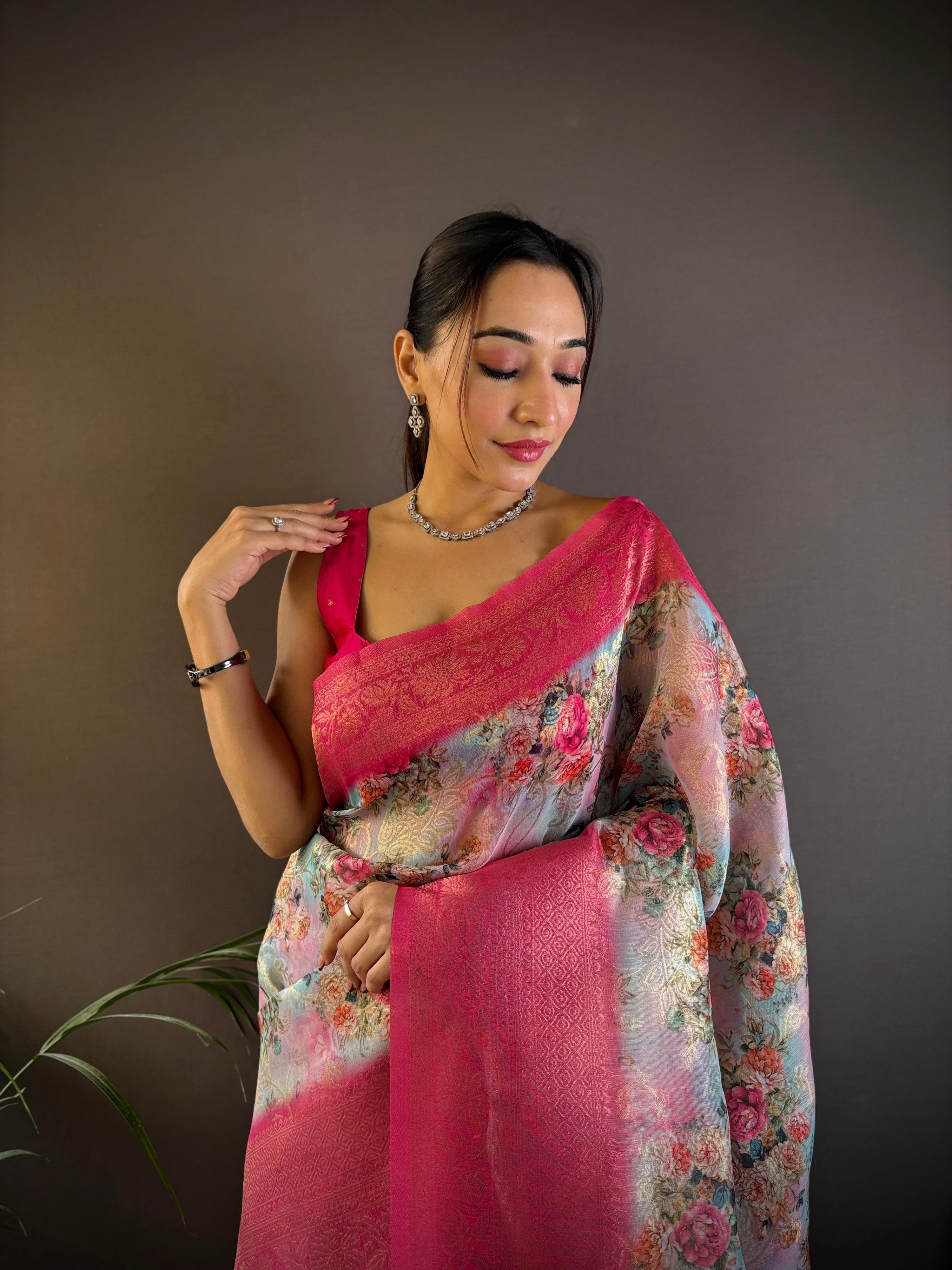 Sonakshi Women's Rani Blend Silk Jacquard Woven Traditional Saree with Blouse - Distacart