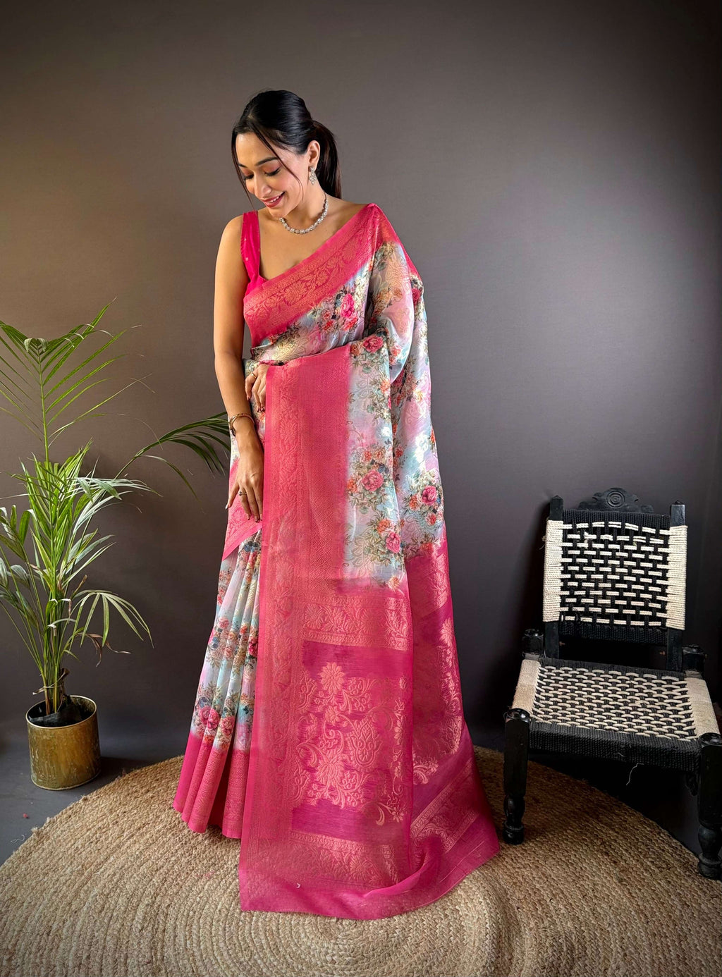 Sonakshi Women's Rani Blend Silk Jacquard Woven Traditional Saree with Blouse - Distacart