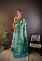 Sonakshi Women's Rama Blend Silk Jacquard Woven Traditional Saree with Blouse - Distacart