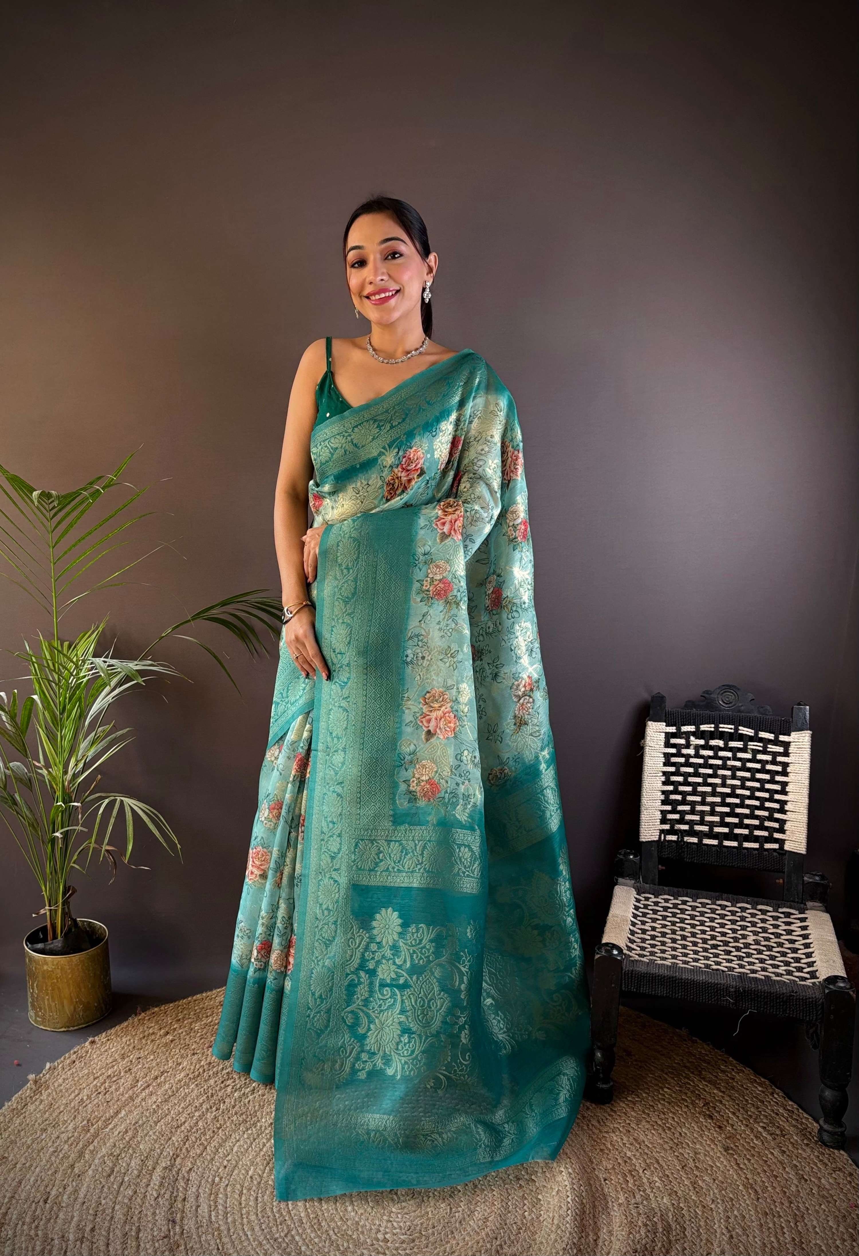Sonakshi Women's Rama Blend Silk Jacquard Woven Traditional Saree with Blouse - Distacart