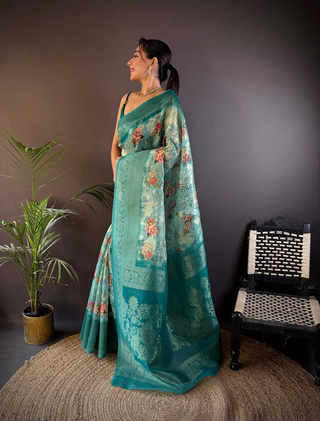 Sonakshi Women's Rama Blend Silk Jacquard Woven Traditional Saree with Blouse - Distacart