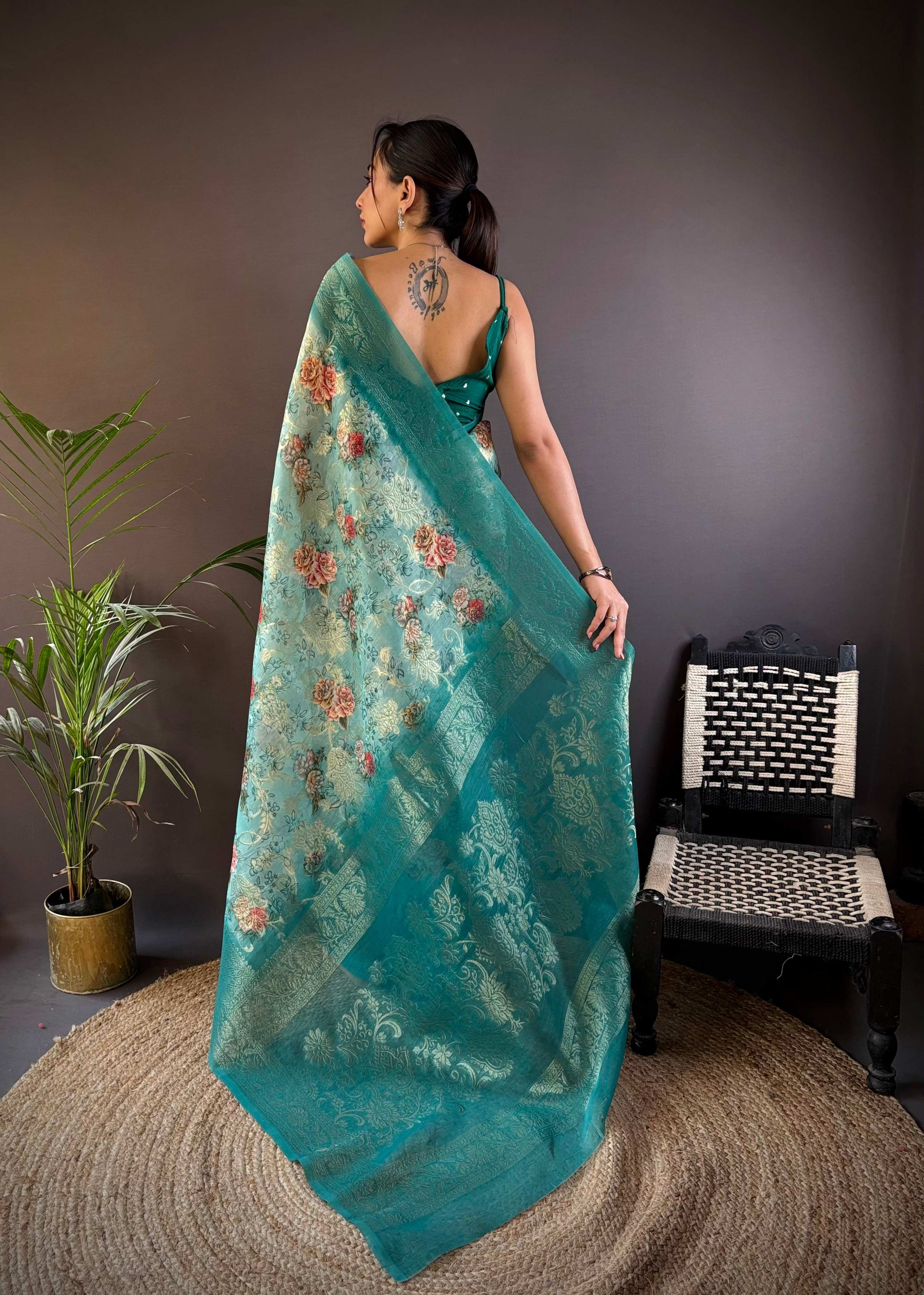 Sonakshi Women's Rama Blend Silk Jacquard Woven Traditional Saree with Blouse - Distacart