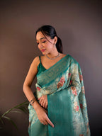 Sonakshi Women's Rama Blend Silk Jacquard Woven Traditional Saree with Blouse - Distacart
