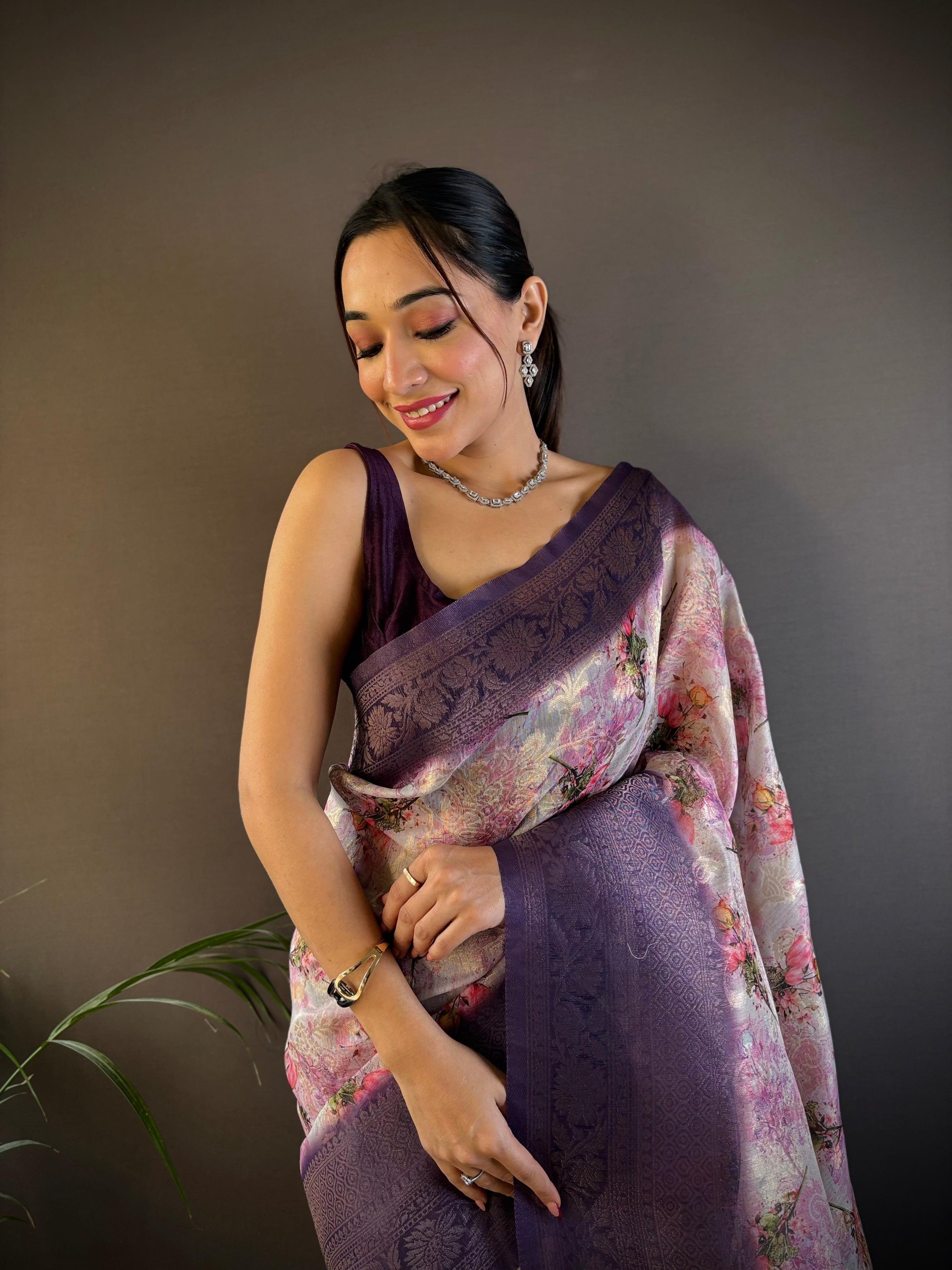 Sonakshi Women's Purple Blend Silk Jacquard Woven Traditional Saree with Blouse - Distacart
