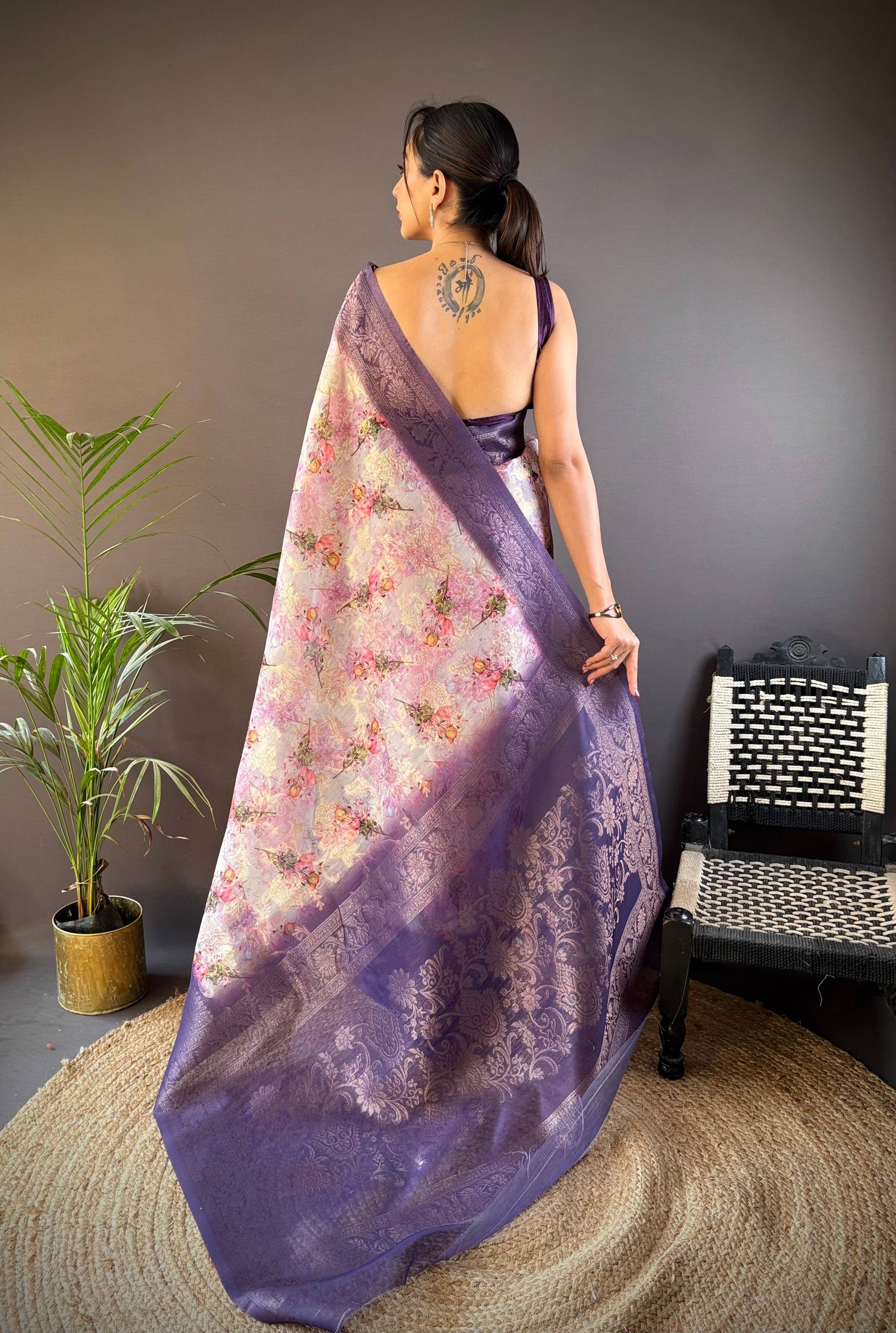 Sonakshi Women's Purple Blend Silk Jacquard Woven Traditional Saree with Blouse - Distacart