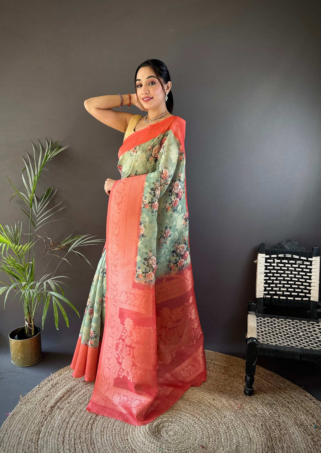 Sonakshi Women's Gajri Blend Silk Jacquard Woven Traditional Saree with Blouse - Distacart