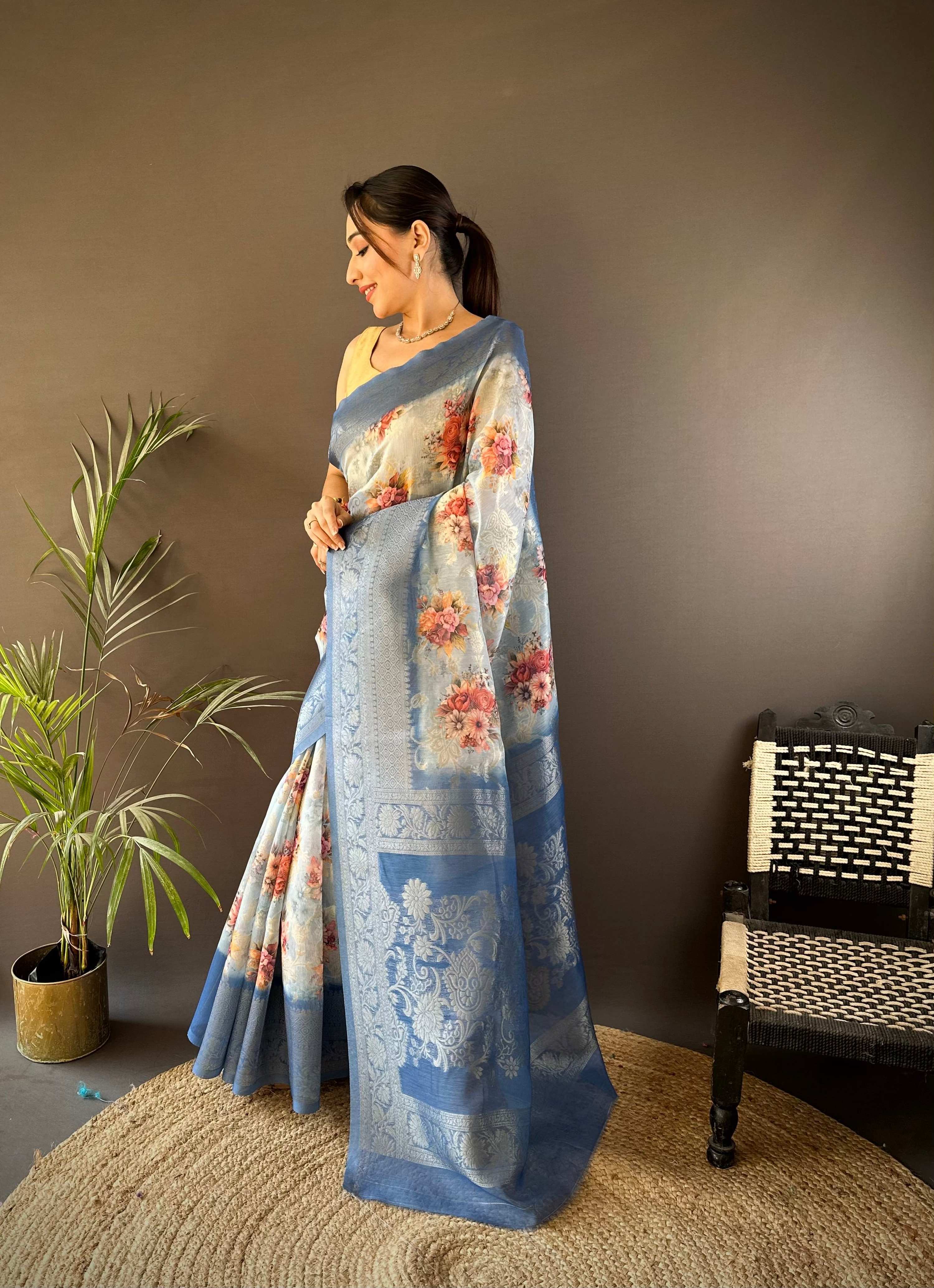 Sonakshi Women's Dark Sky Blend Silk Jacquard Woven Traditional Saree with Blouse - Distacart