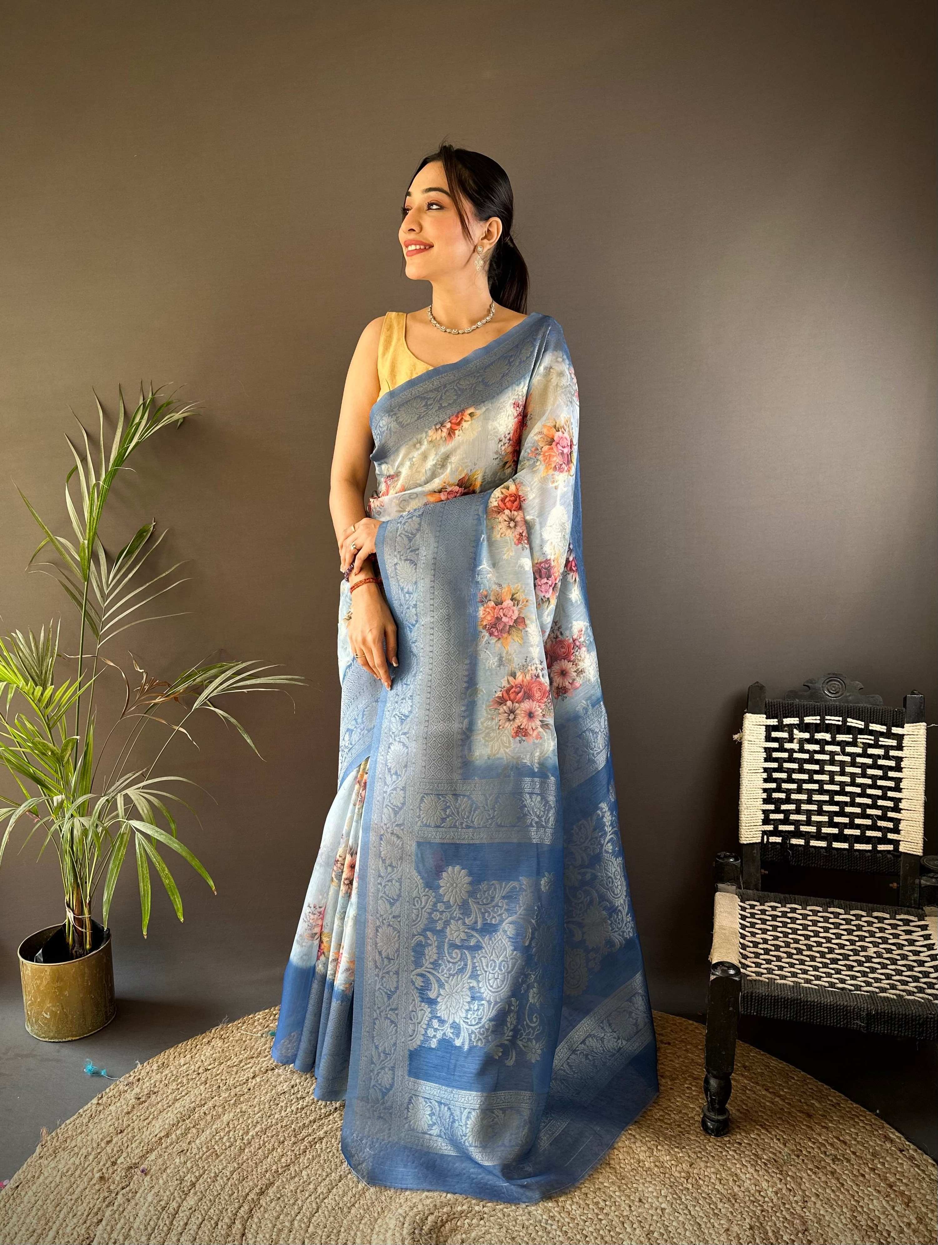 Sonakshi Women's Dark Sky Blend Silk Jacquard Woven Traditional Saree with Blouse - Distacart