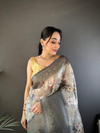 Sonakshi Women's Grey Blend Silk Jacquard Woven Traditional Saree with Blouse - Distacart