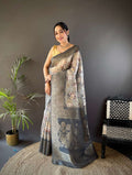 Sonakshi Women's Grey Blend Silk Jacquard Woven Traditional Saree with Blouse - Distacart