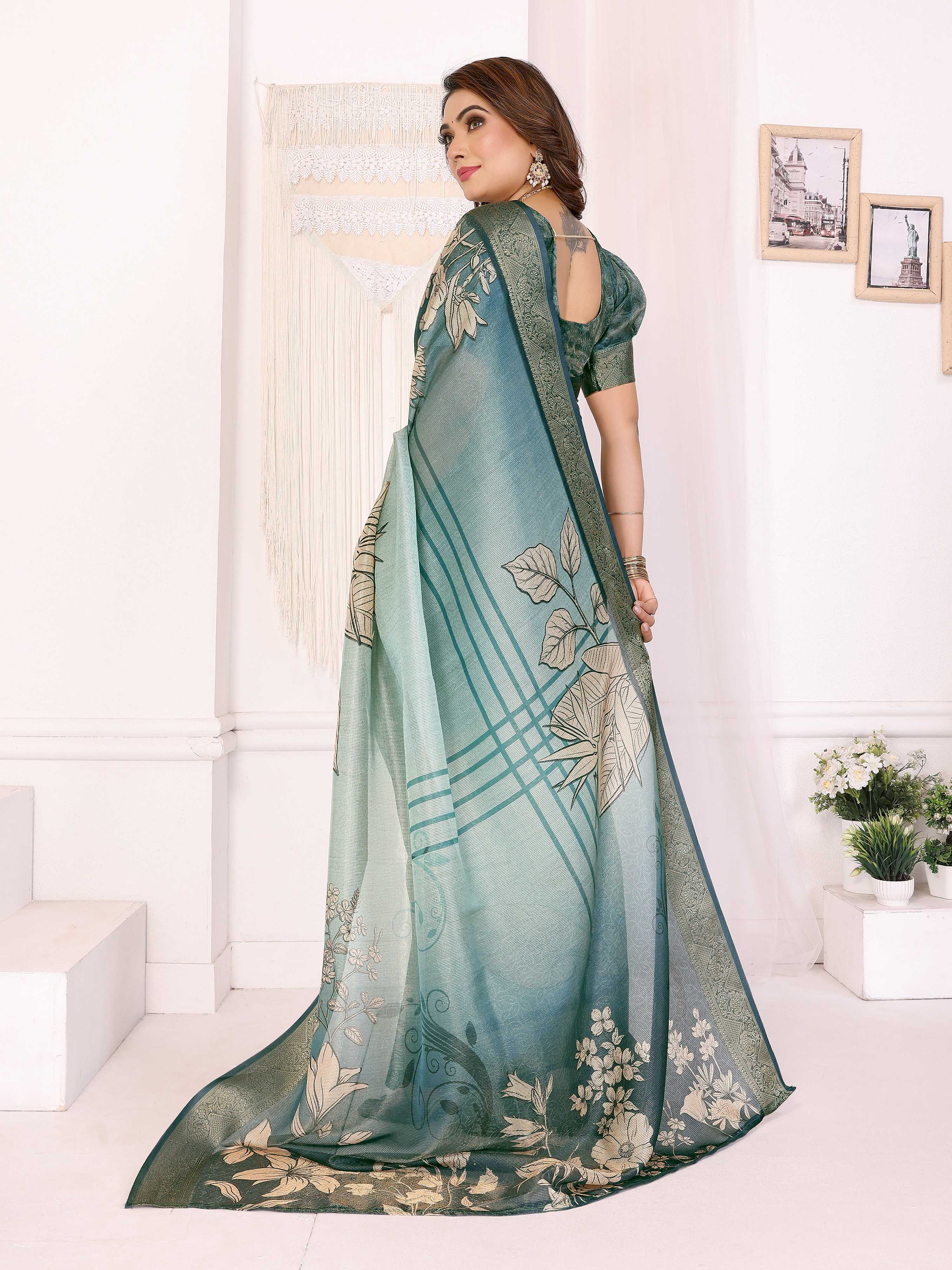 Sonakshi Women's Seagreen Mulberry Silk With Digital Prints Saree with Blouse - Distacart