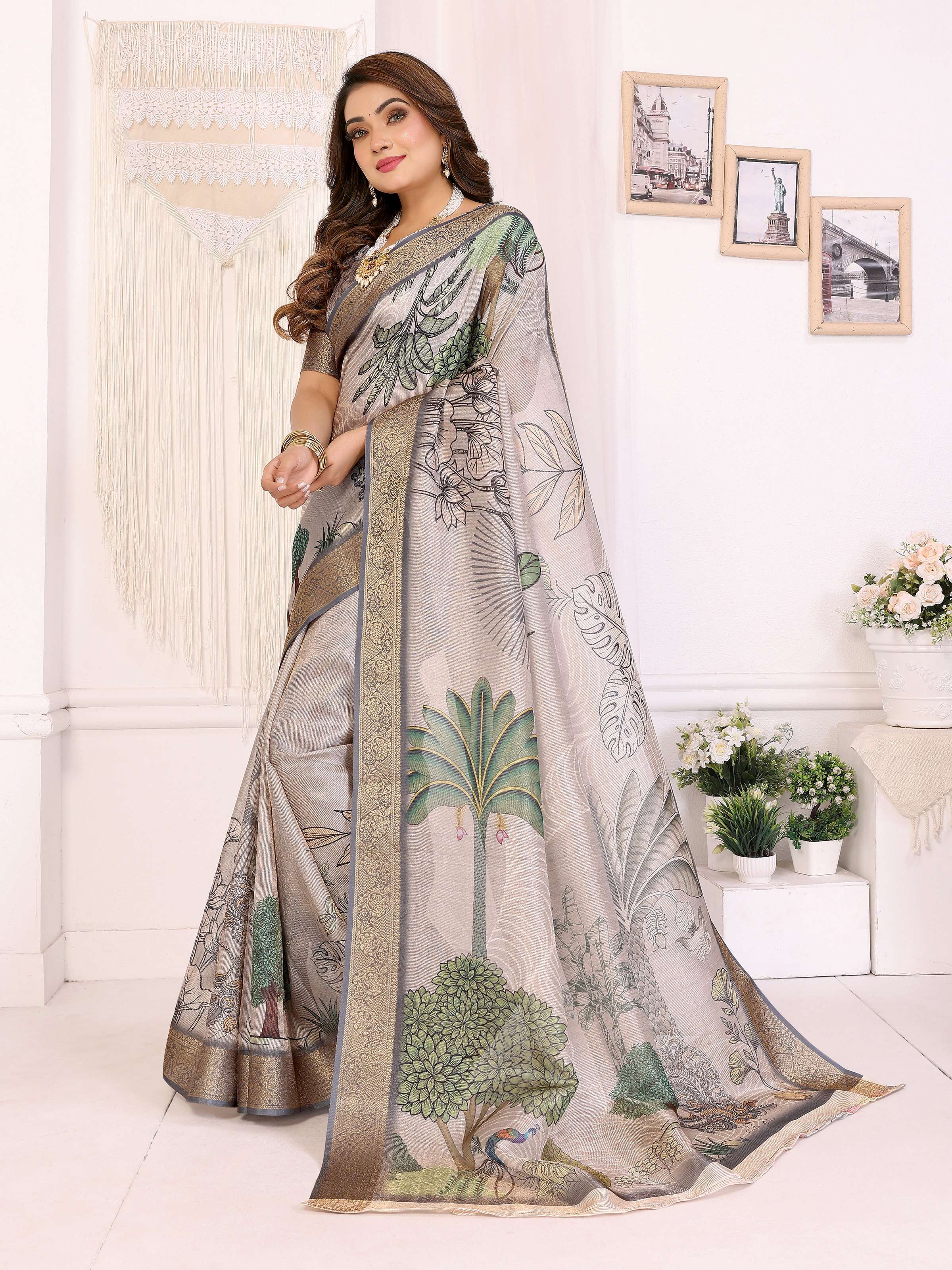 Sonakshi Women's Silver Mulberry Silk With Digital Prints Saree with Blouse - Distacart
