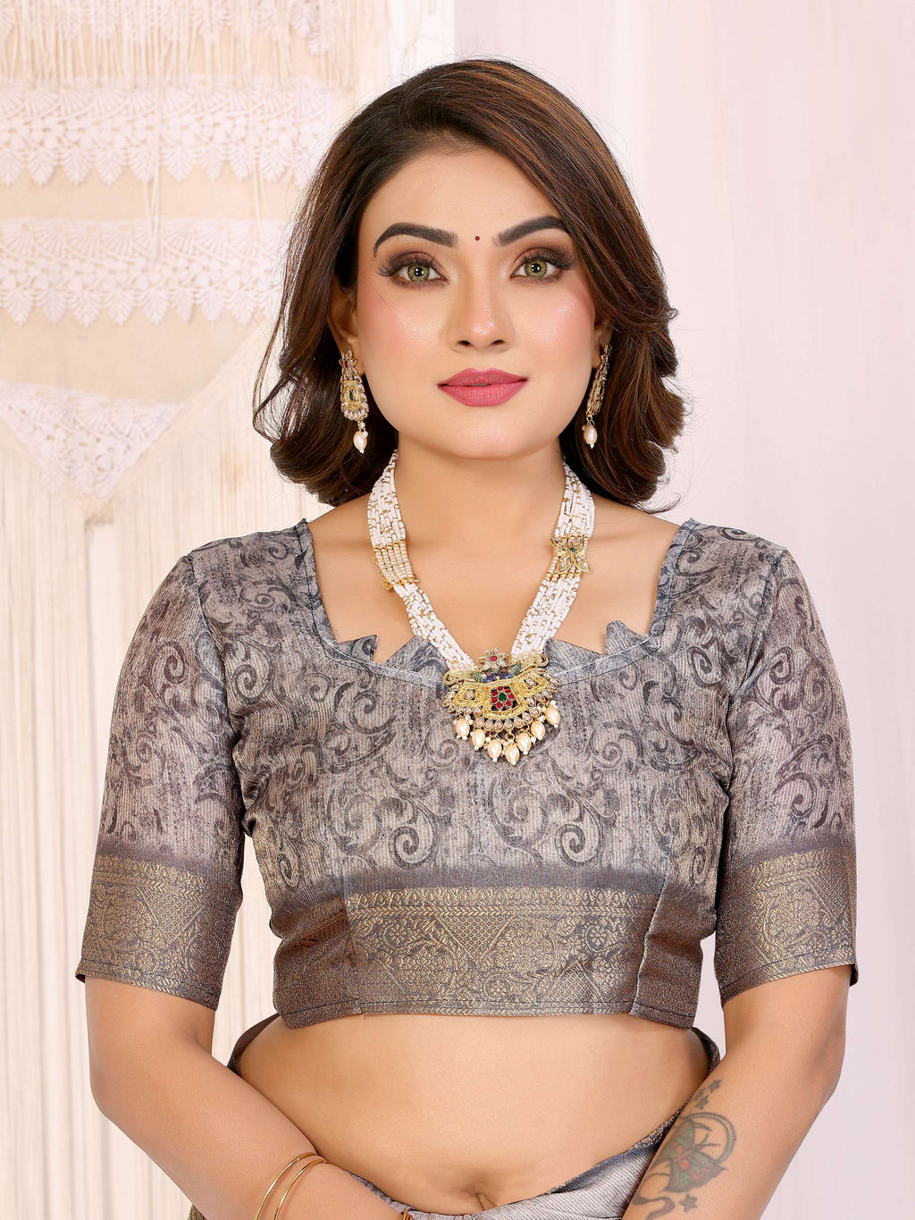 Sonakshi Women's Silver Mulberry Silk With Digital Prints Saree with Blouse - Distacart