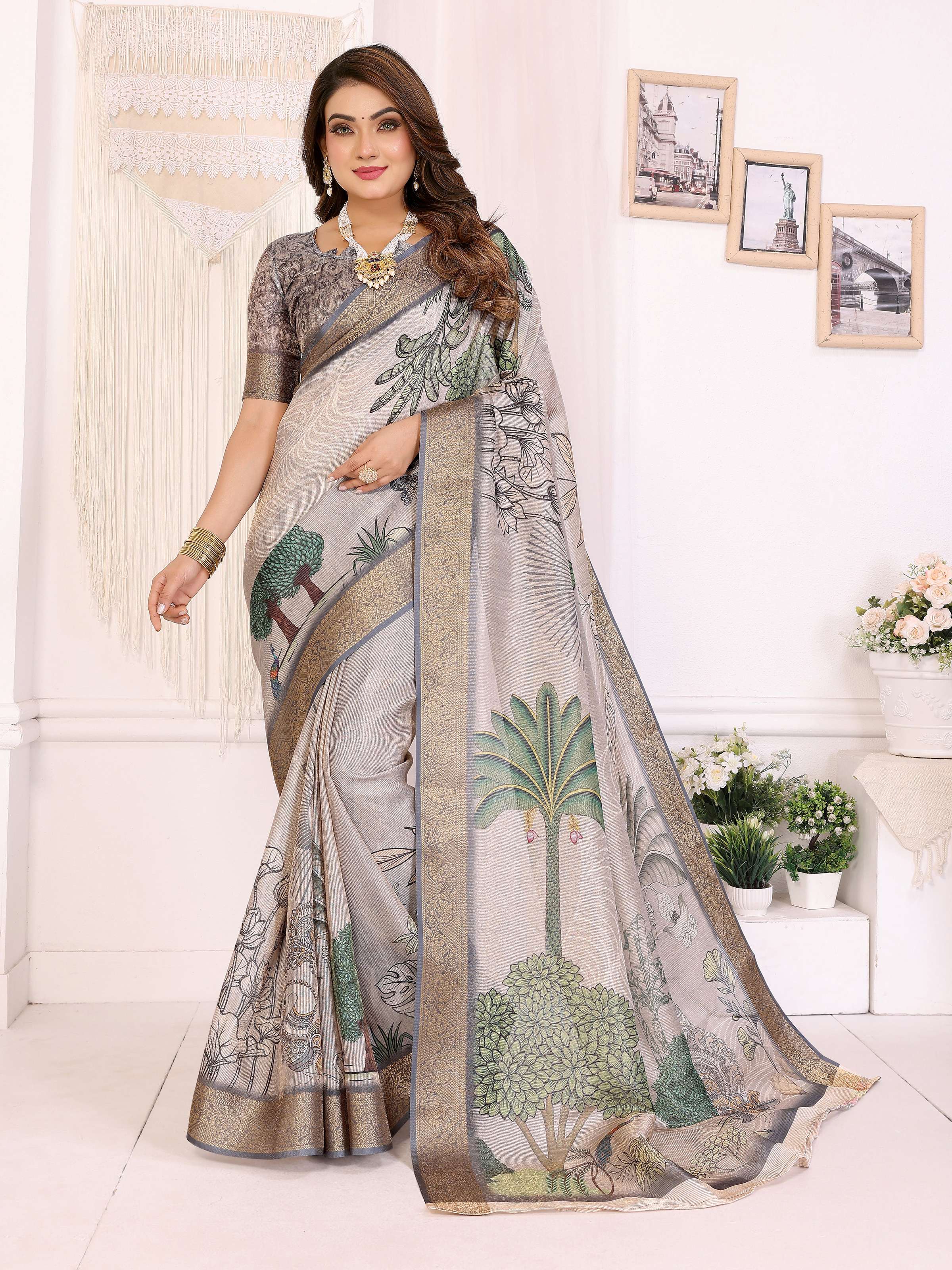 Sonakshi Women's Silver Mulberry Silk With Digital Prints Saree with Blouse - Distacart
