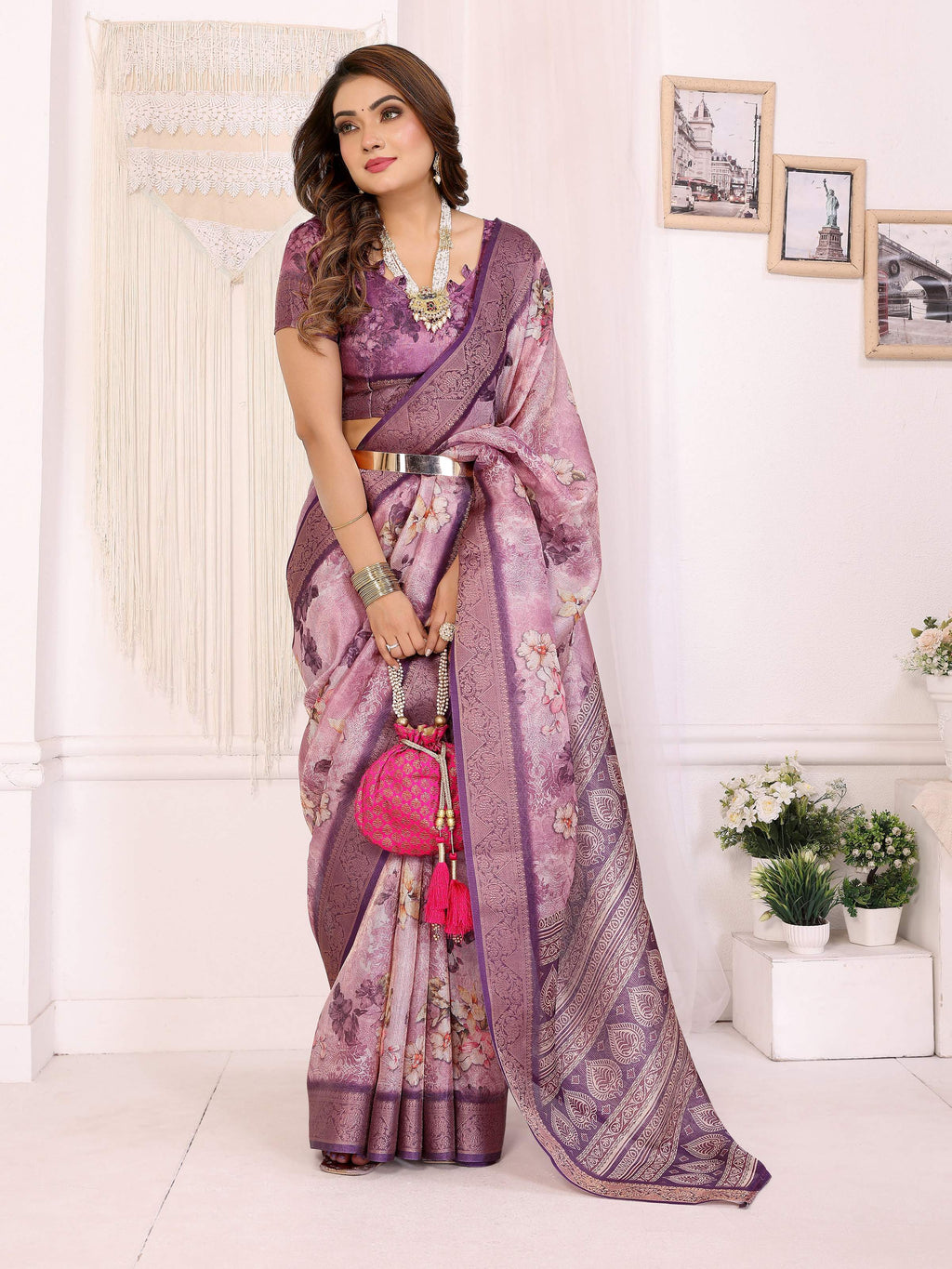 Sonakshi Women's Jamli Mulberry Silk With Digital Prints Saree with Blouse - Distacart