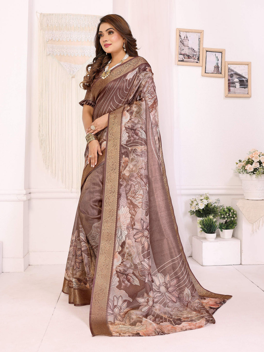 Sonakshi Women's Coffee Mulberry Silk With Digital Prints Saree with Blouse - Distacart