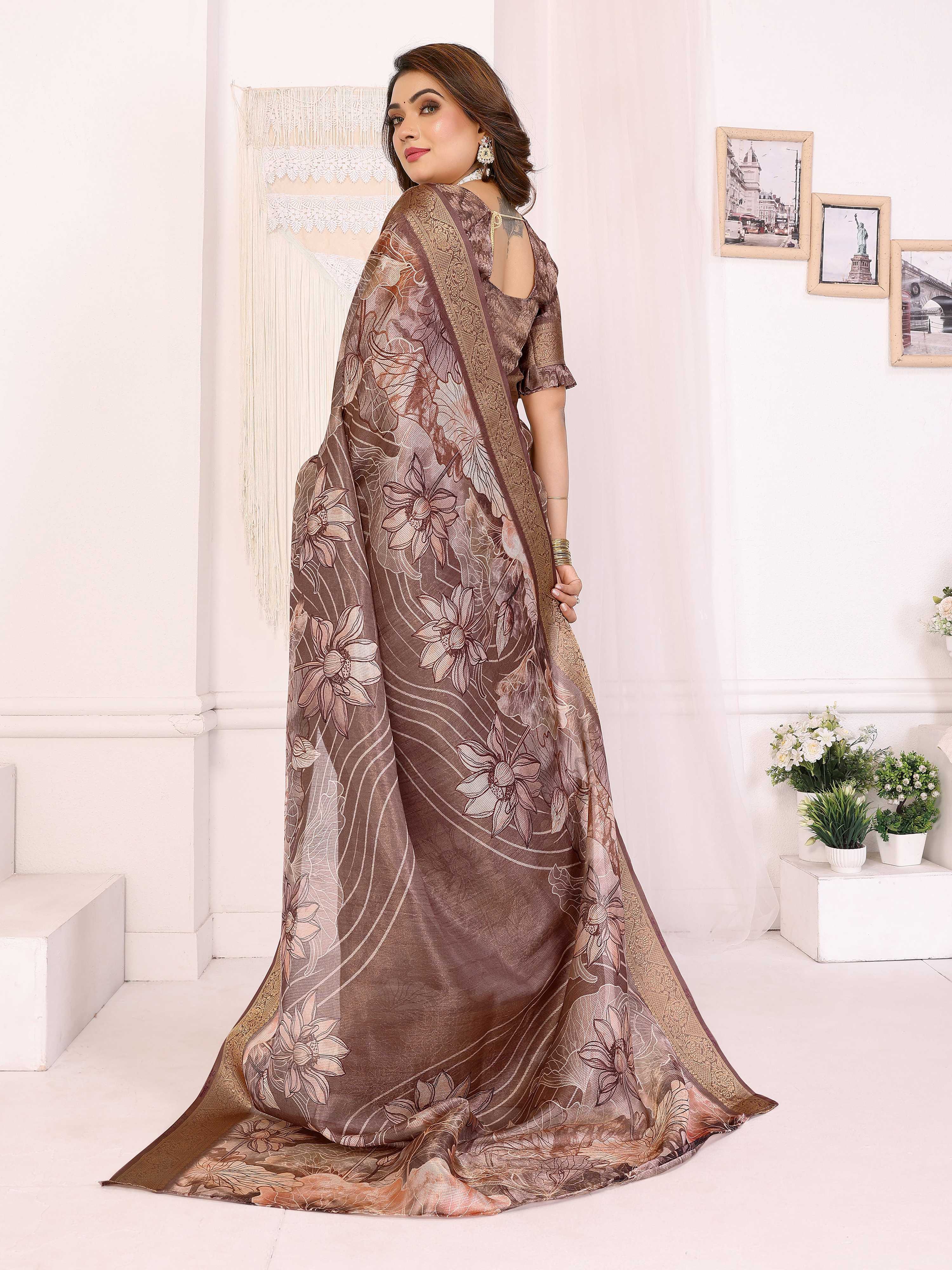 Sonakshi Women's Coffee Mulberry Silk With Digital Prints Saree with Blouse - Distacart