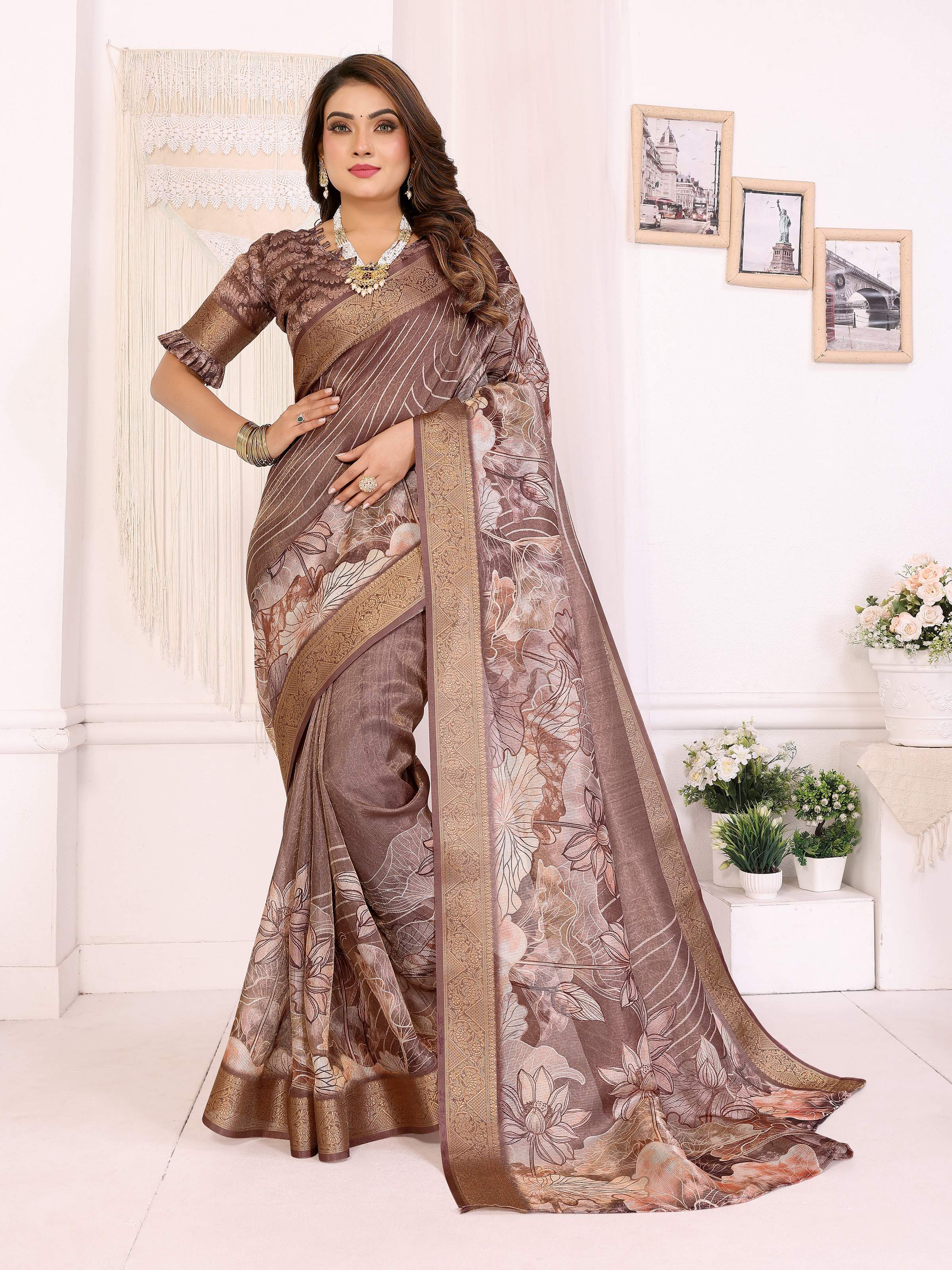 Sonakshi Women's Coffee Mulberry Silk With Digital Prints Saree with Blouse - Distacart
