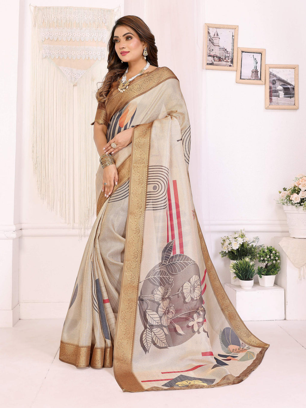 Sonakshi Women's White Mulberry Silk With Digital Prints Saree with Blouse - Distacart