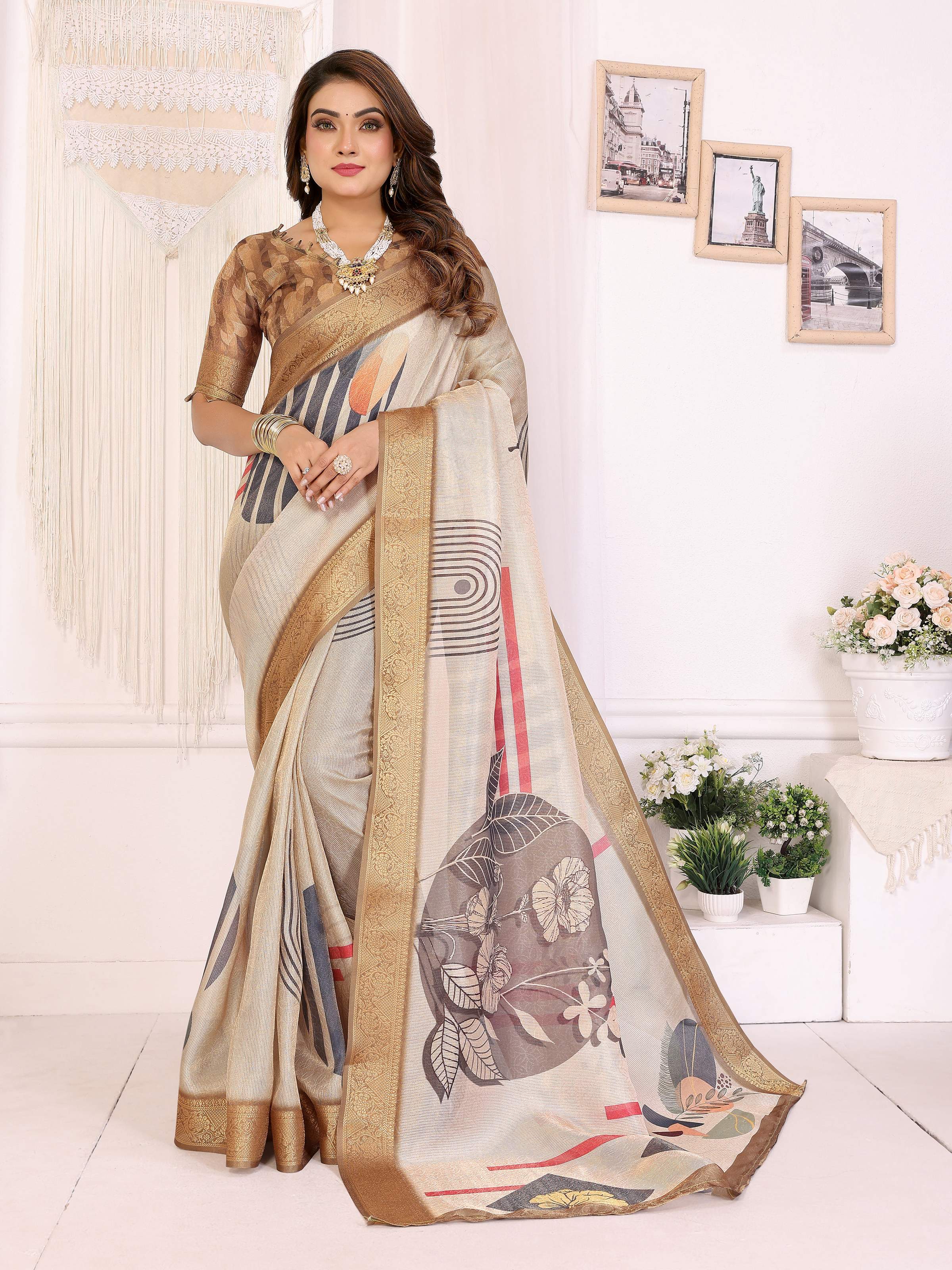 Sonakshi Women's White Mulberry Silk With Digital Prints Saree with Blouse - Distacart