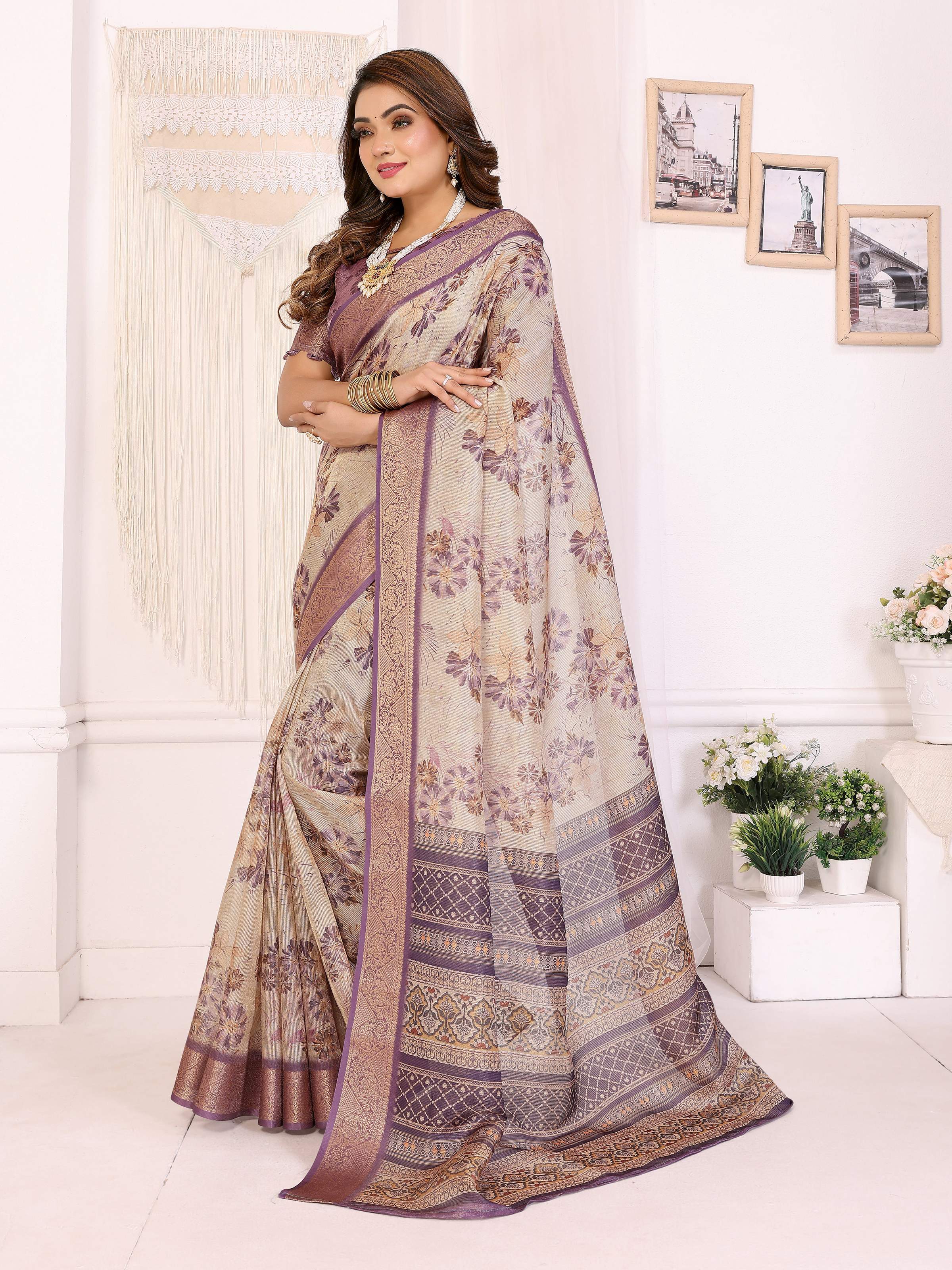 Sonakshi Women's Purple Mulberry Silk With Digital Prints Saree with Blouse - Distacart