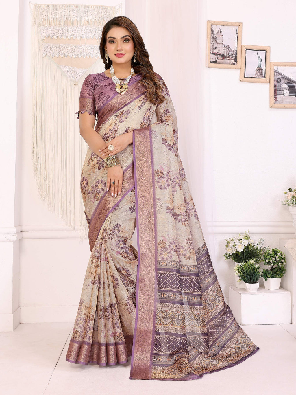 Sonakshi Women's Purple Mulberry Silk With Digital Prints Saree with Blouse - Distacart