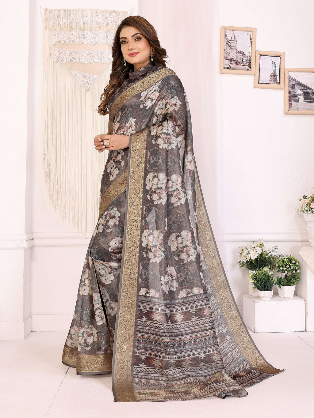 Sonakshi Women's Grey Mulberry Silk With Digital Prints Saree with Blouse - Distacart